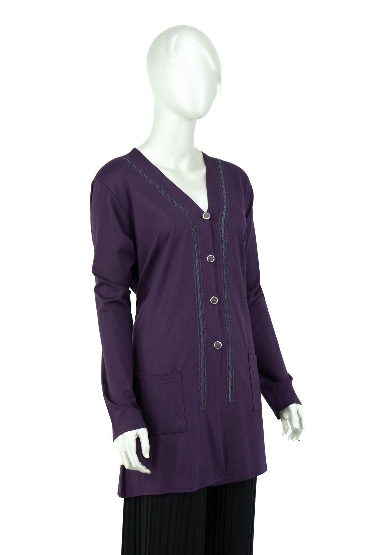 Kadın Düğmeli Ve Çift Cepli Şık Örgü Detaylı V Yaka Turlu Viskon Penye Kumaş Anne Hırka