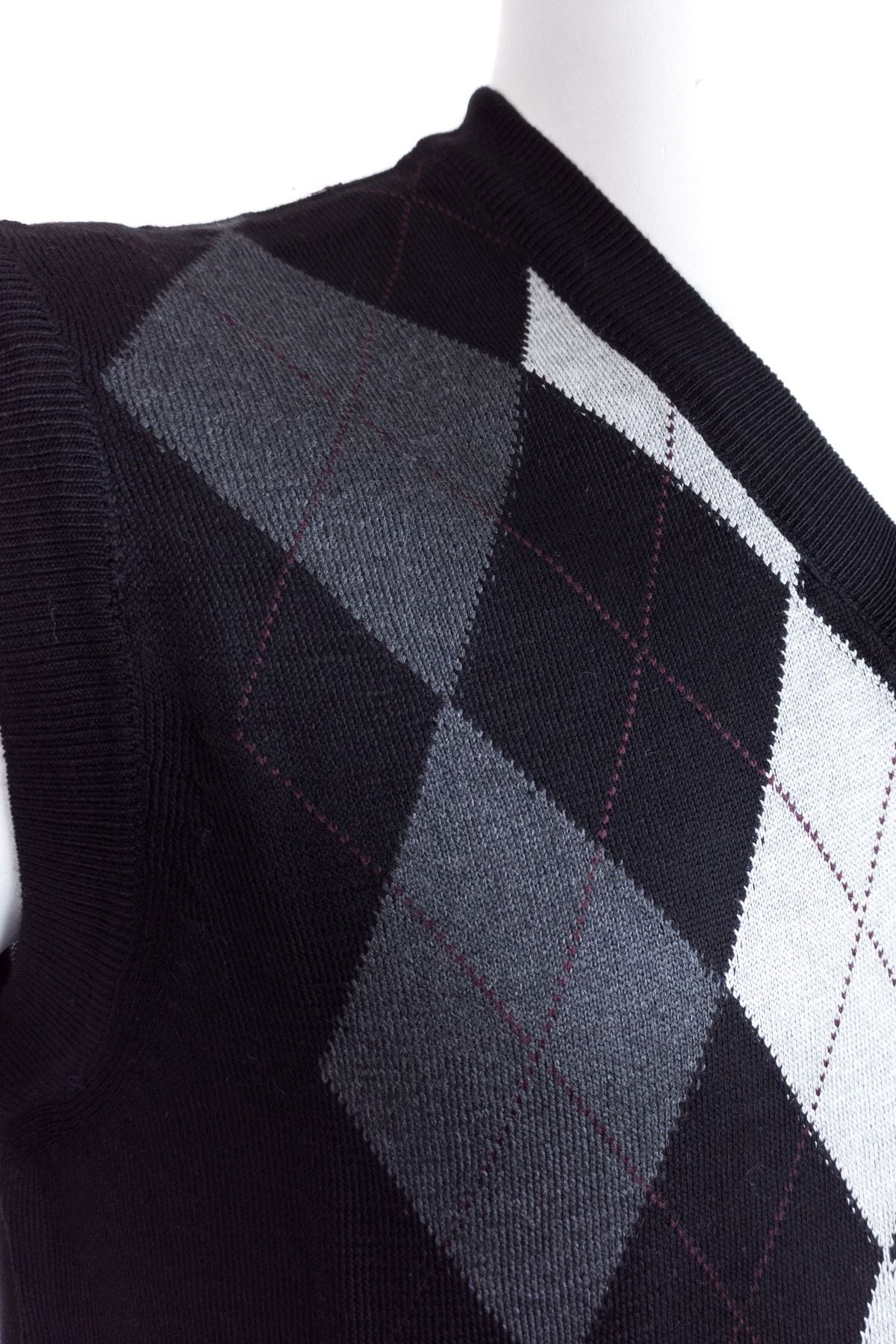 Erkek Siyah Baba Süveteri Baklava Desenli V Yakalı Ince Yün Dokuma