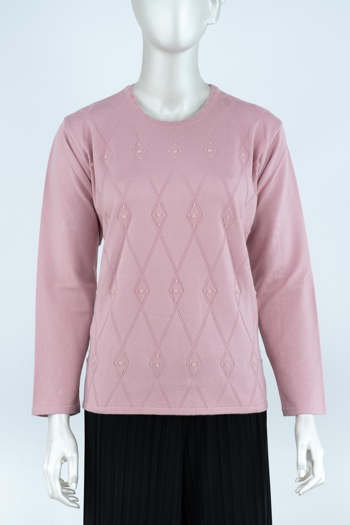 Kadın Kışlık Şirin Minik Taşlı Kendinden Desenli Uzun Kollu Likralı Dokuma Anne Kazak