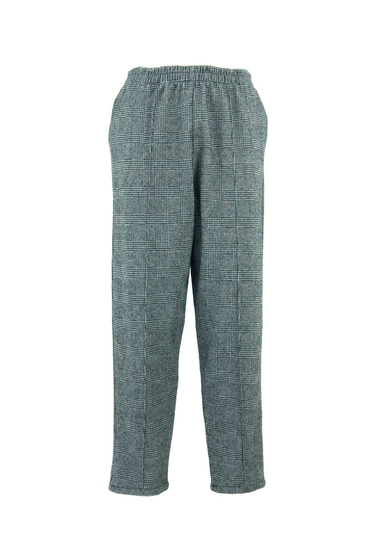 Kadın Kışlık Ekose Desenli Cepli Likralı Kalın Premium Pamuklu Dokuma Anne Pantolon