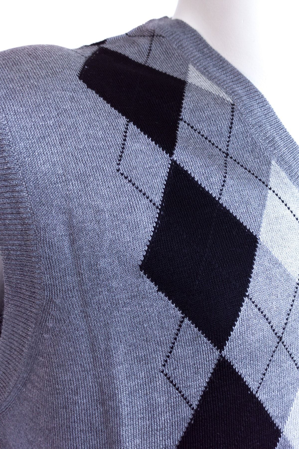 Erkek Gri Baba Süveteri Baklava Desenli V Yakalı Ince Yün Dokuma