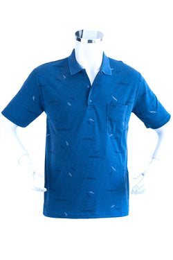 Erkek Mavi Polo Yaka T-shirt Cepli Kısa Kollu Kalem Tüyü Desenli Premium Pamuklu Kumaş