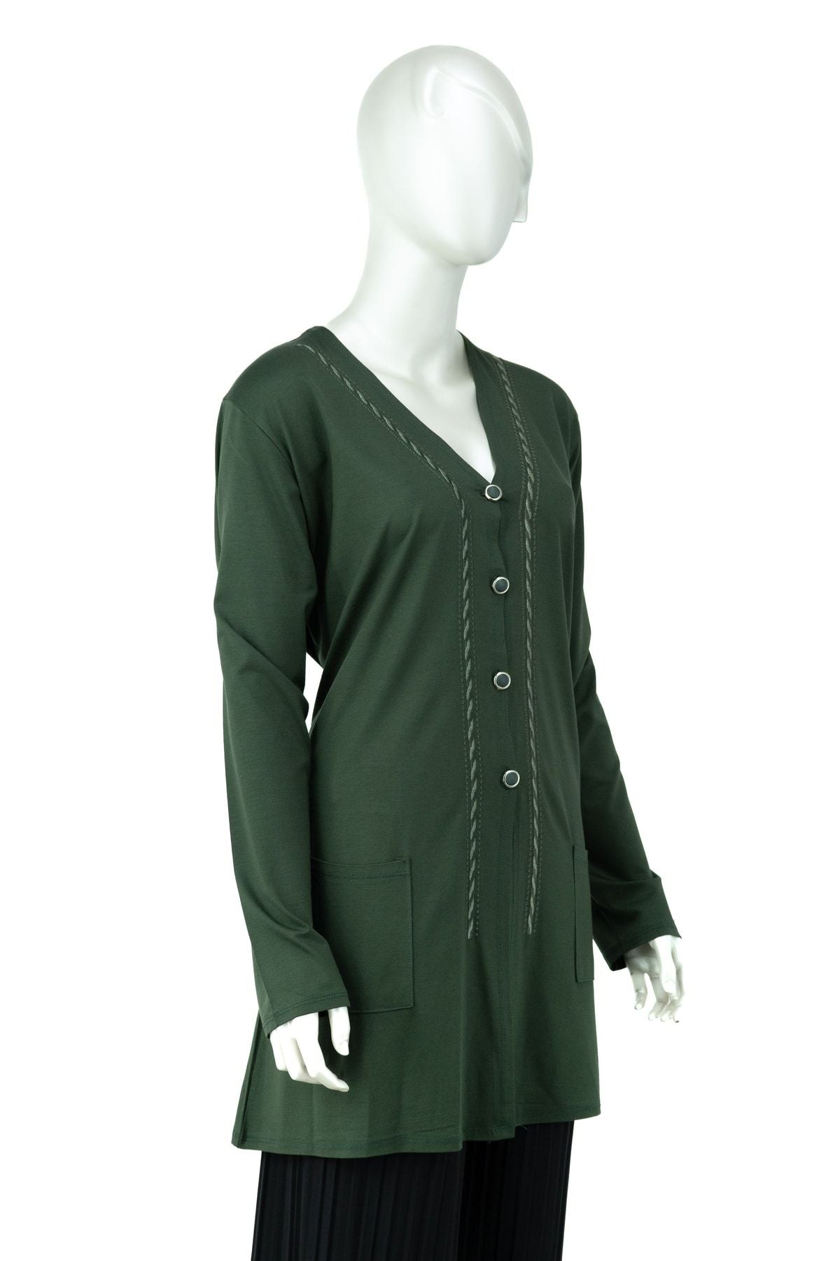 Kadın Düğmeli Ve Çift Cepli Şık Örgü Detaylı V Yaka Turlu Viskon Penye Kumaş Anne Hırka