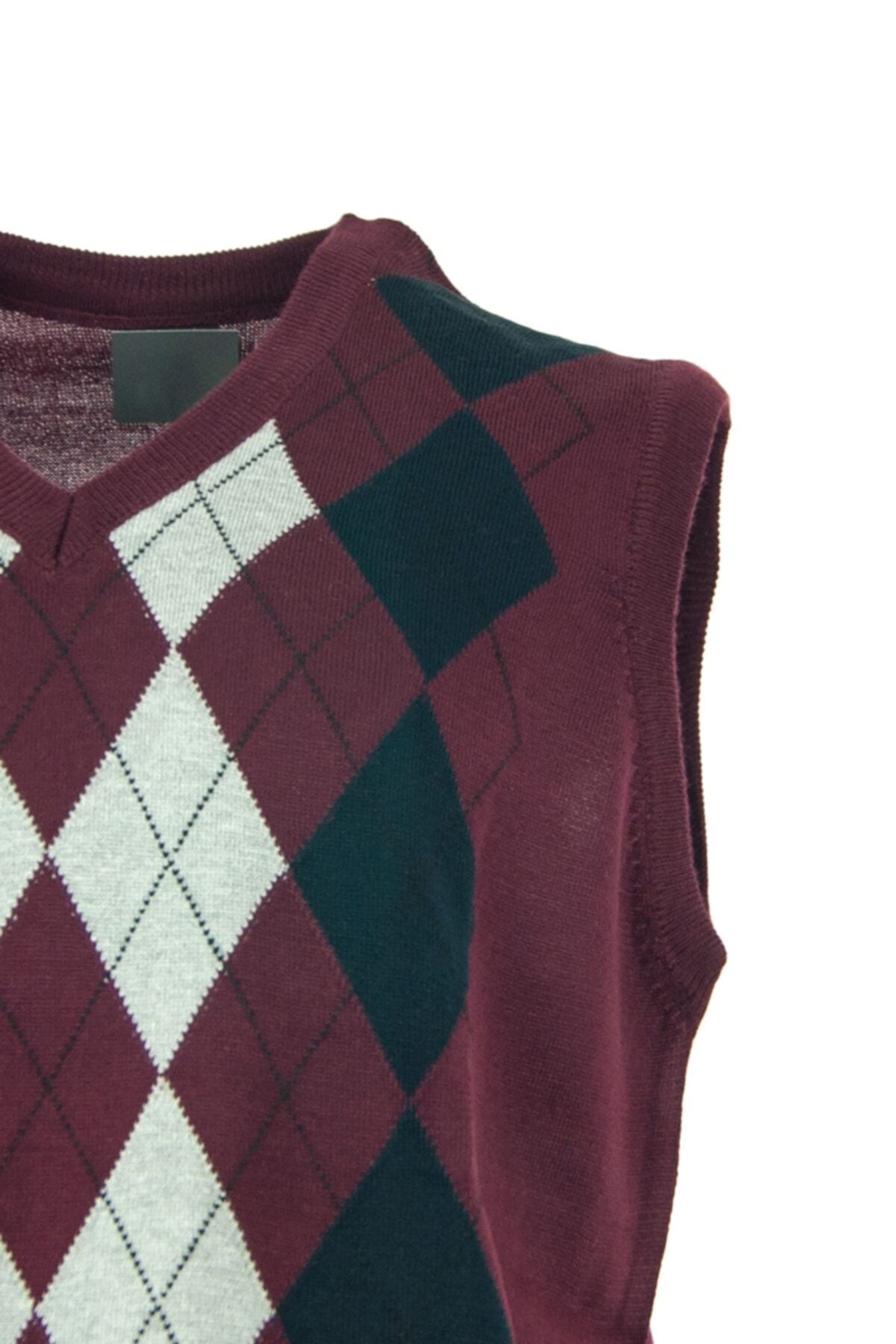 Erkek Bordo Baklava Desenli Rahat Kesim V Yakalı Ince Yün Dokuma Süveter