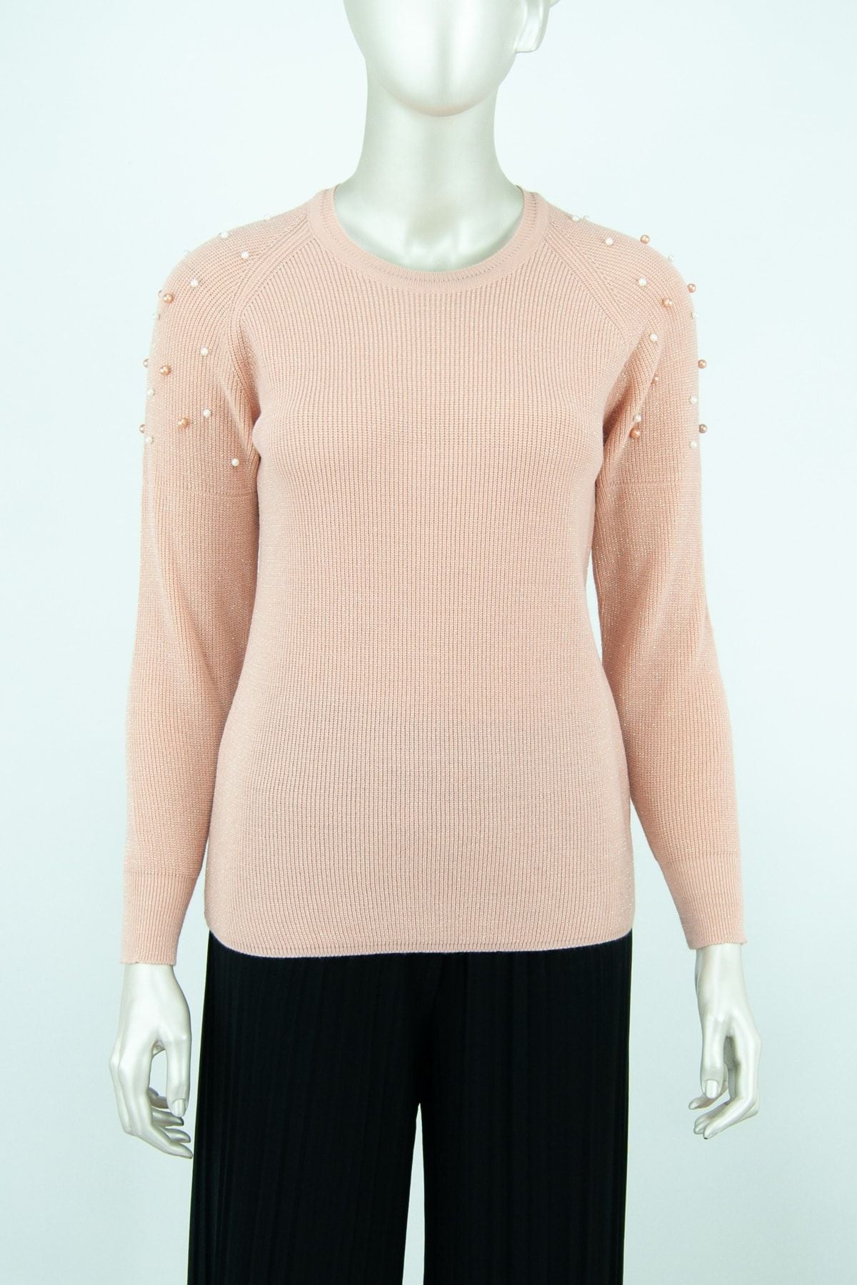 Kadın Kışlık Boncuk Modelli Yuvarlak Yaka Likralı Simli Pamuklu Dokuma Triko Kazak