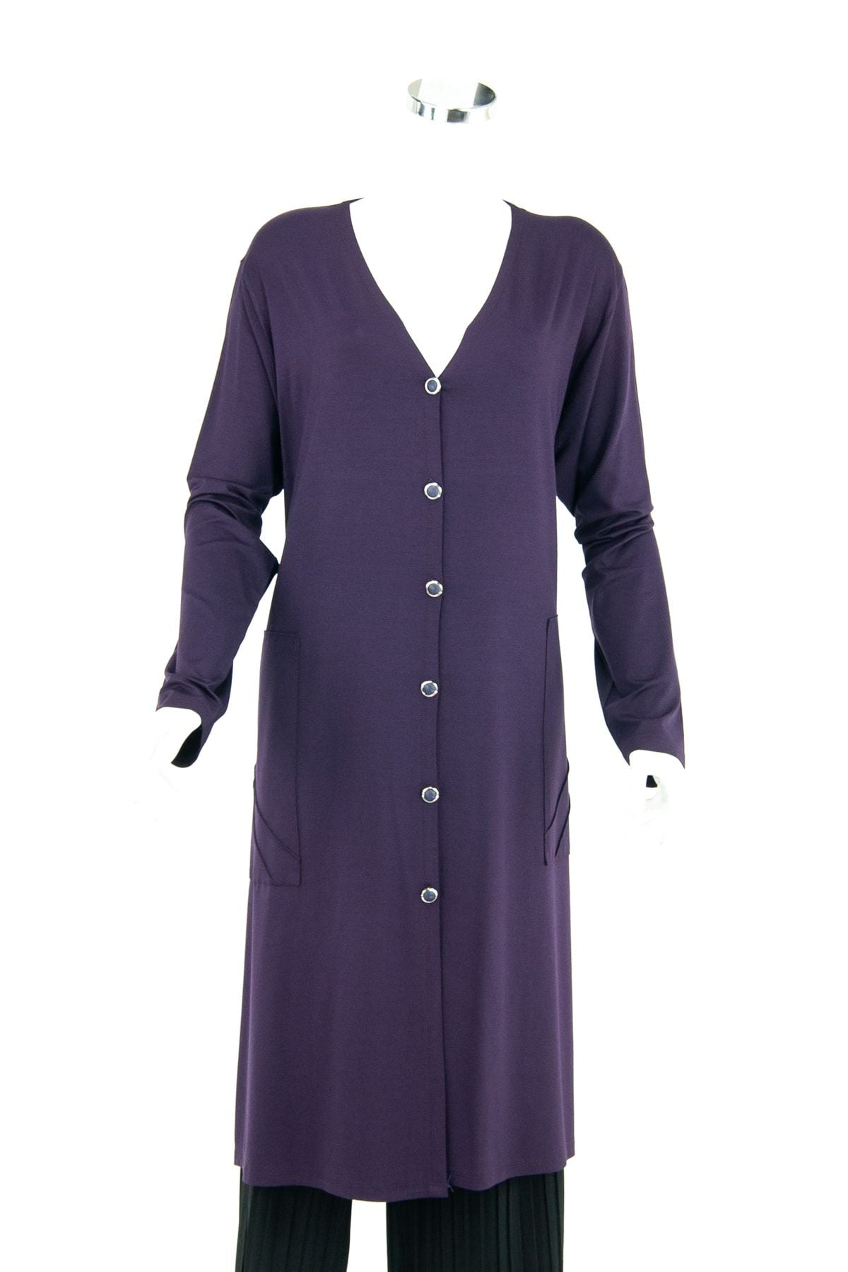 Kadın Önü Düğmeli Çift Cepli Likralı V Yaka Turlu Viskon Penye Kumaş Uzun Anne Hırka