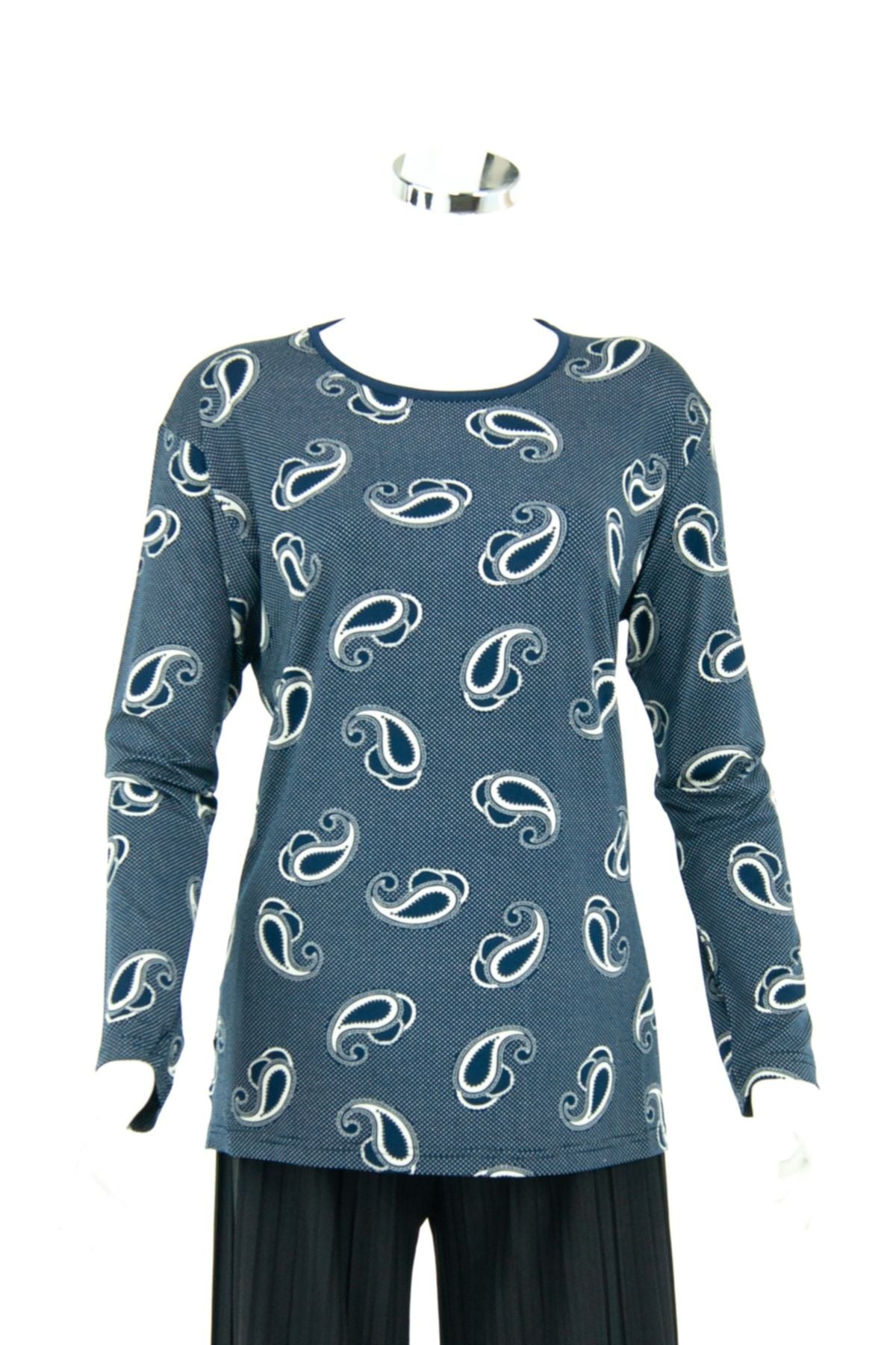 Kadın Yaprak Tanesi Desen Yuvarlak Yaka Normal Kesim Likralı Pamuklu Penye Kumaş Anne Bluz