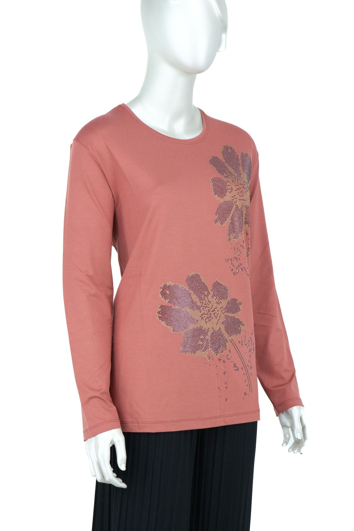 Kadın Papatya Taşlı Yuvarlak Yaka Uzun Kollu Tam Kalıp Likralı Viskon Penye Kumaş Anne Bluz