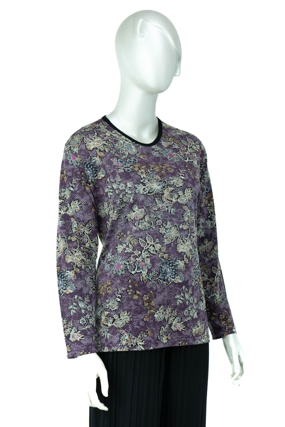 Kadın Şık Demet Desenli Hafif V Yaka Tam Kalıp Likralı Turlu Viskon Penye Kumaş Anne Bluz