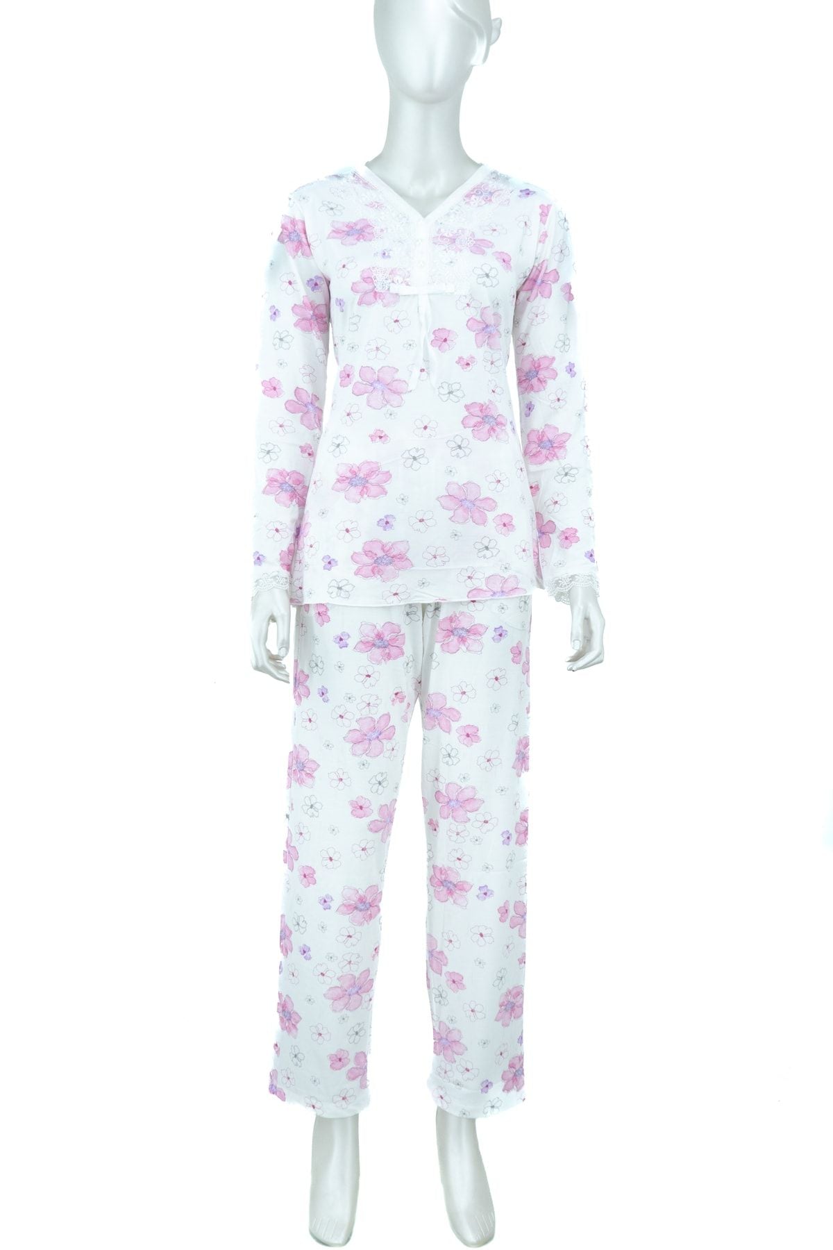 Kadın Papatya Desenli Uzun Kol Saf Pamuk Tiril Kumaş Pantolonlu Ikili Pijama Takımı Gecelik