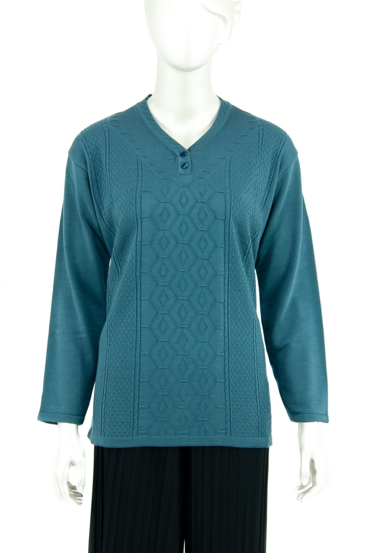 Kadın Kışlık Zümrüt Motifli Düğmeli Armut Yakalı Likralı Pamuklu Triko Dokuma Anne Kazak