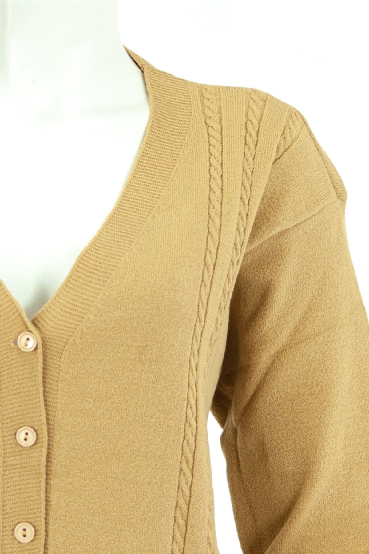 Kadın Sarı Kışlık Desenli Düğmeli Cepli Normal Kesim Likralı Kardelen Kumaş Kısa Hırka