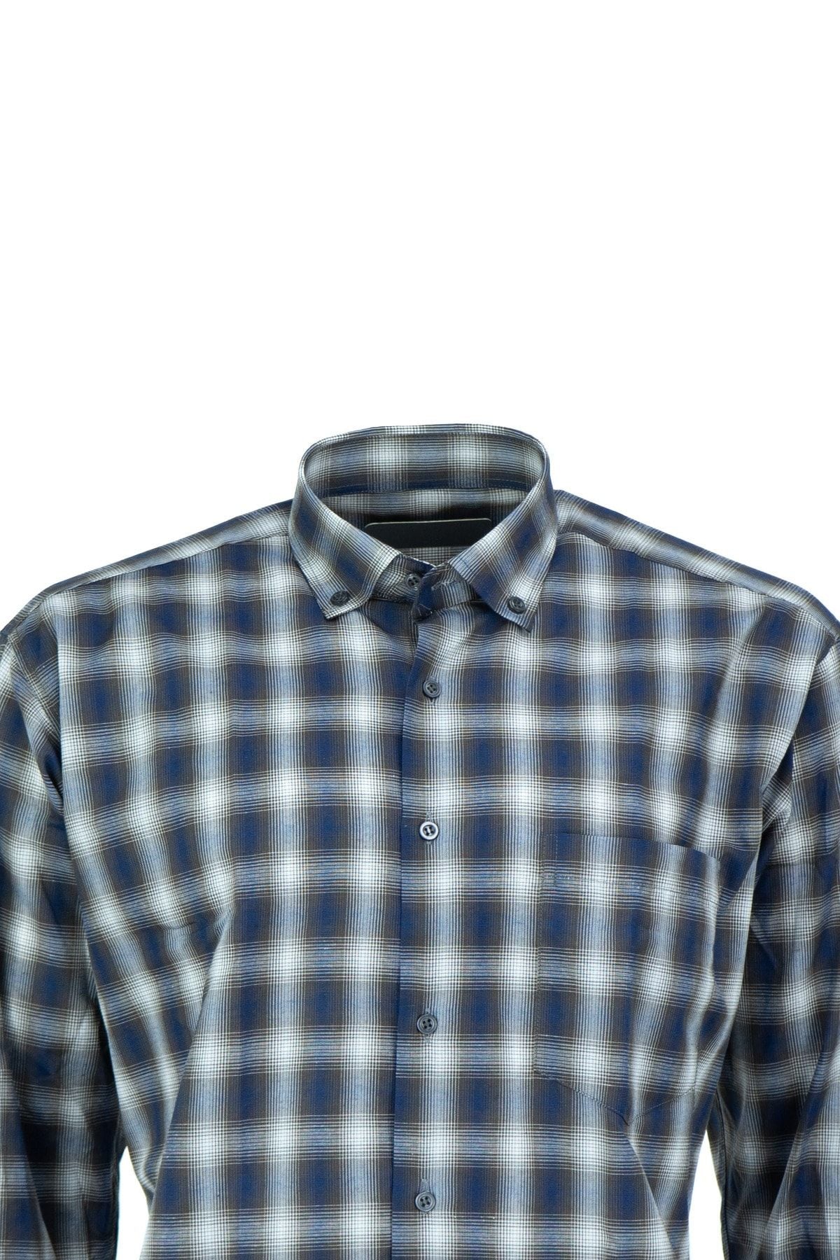Erkek Şık Kare Desenli Tam Kalıp Rahat Kesim Cepli Yakası Düğmeli Pamuklu Klasik Gömlek