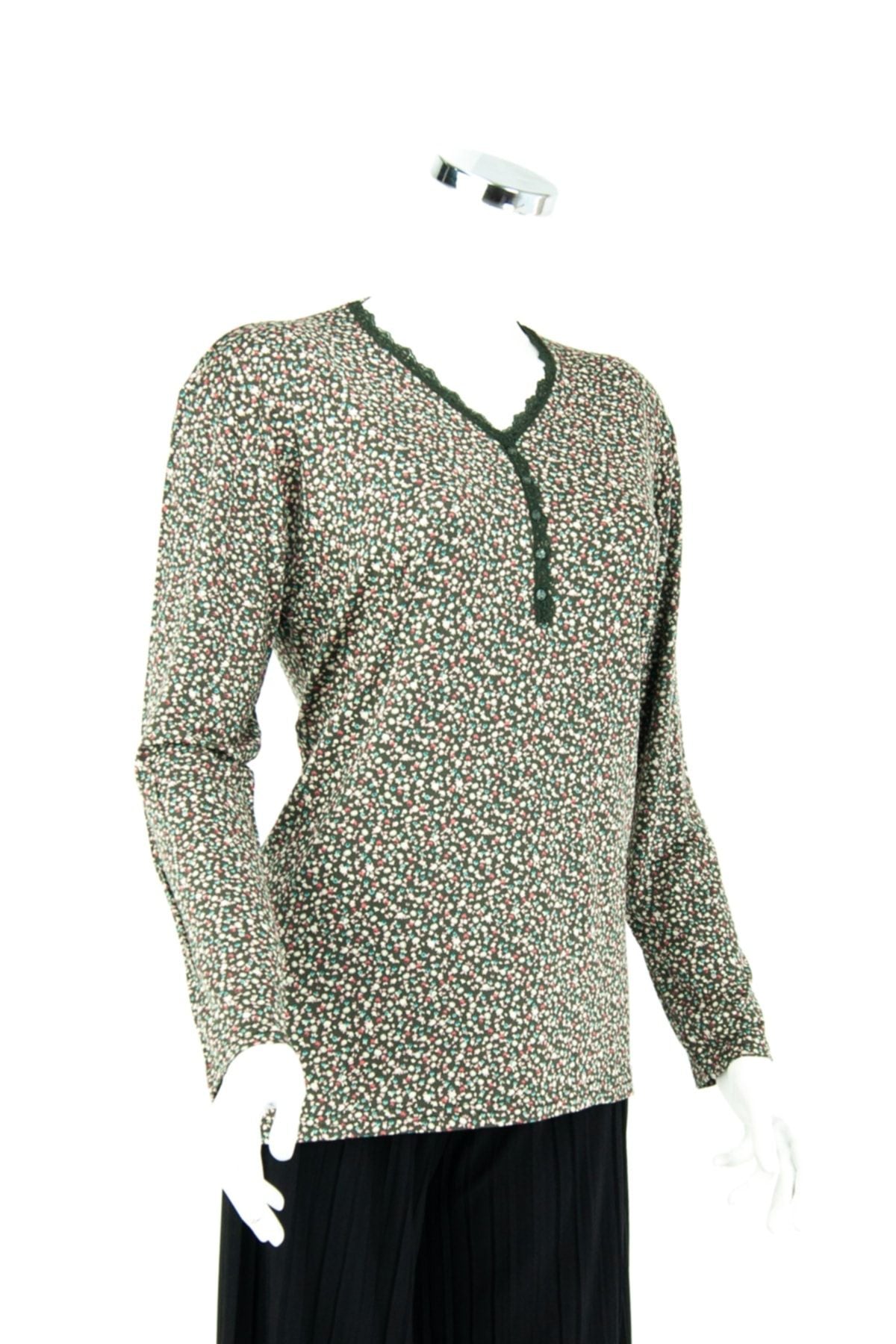 Kadın Düğme Süslü Vyaka Normal Kesim Desenli Likralı Uzun Kollu Viskon Penye Kumaş Anne Bluz