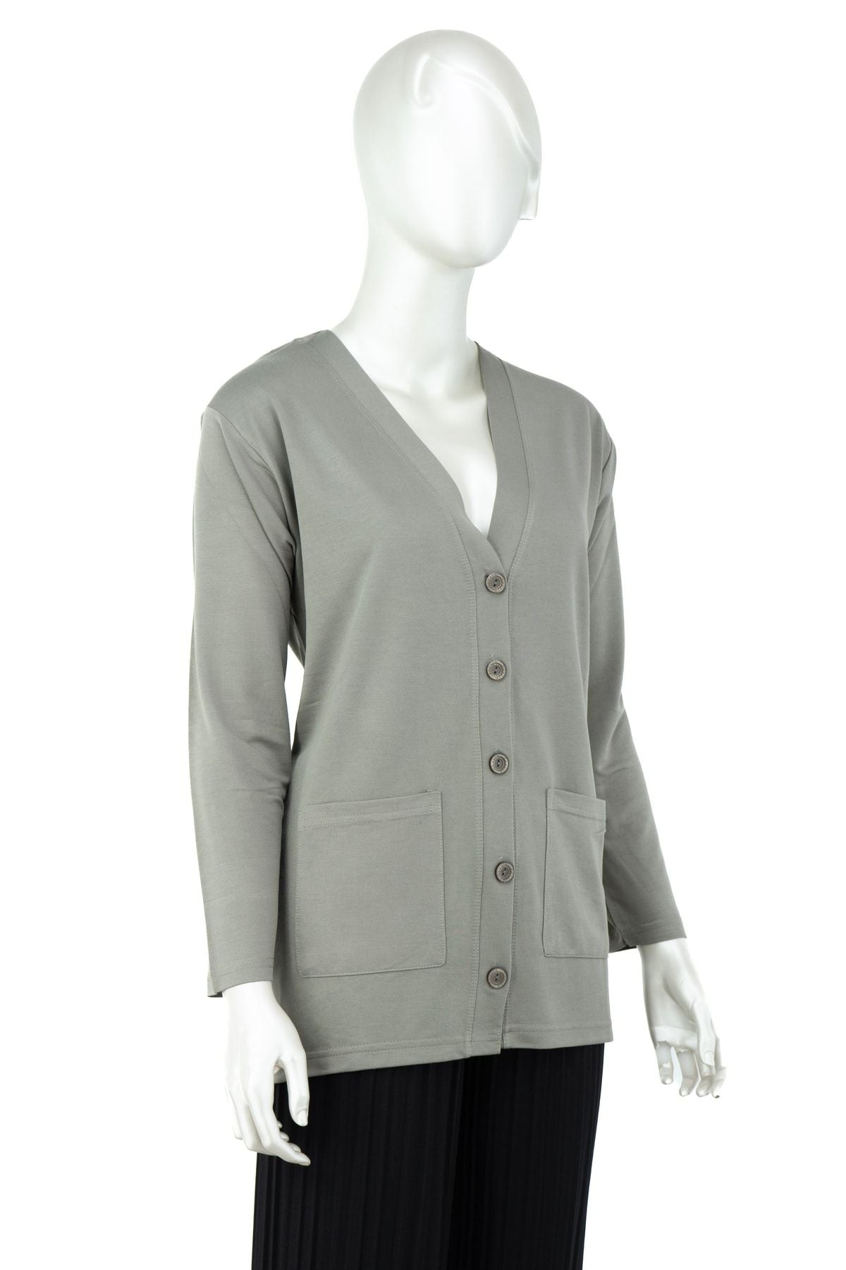 Kadın Düz Renk Rahat Kesim Uzun Kol Cepli Büyük Beden Likrasız Glorya Penye Kumaş Anne Hırka