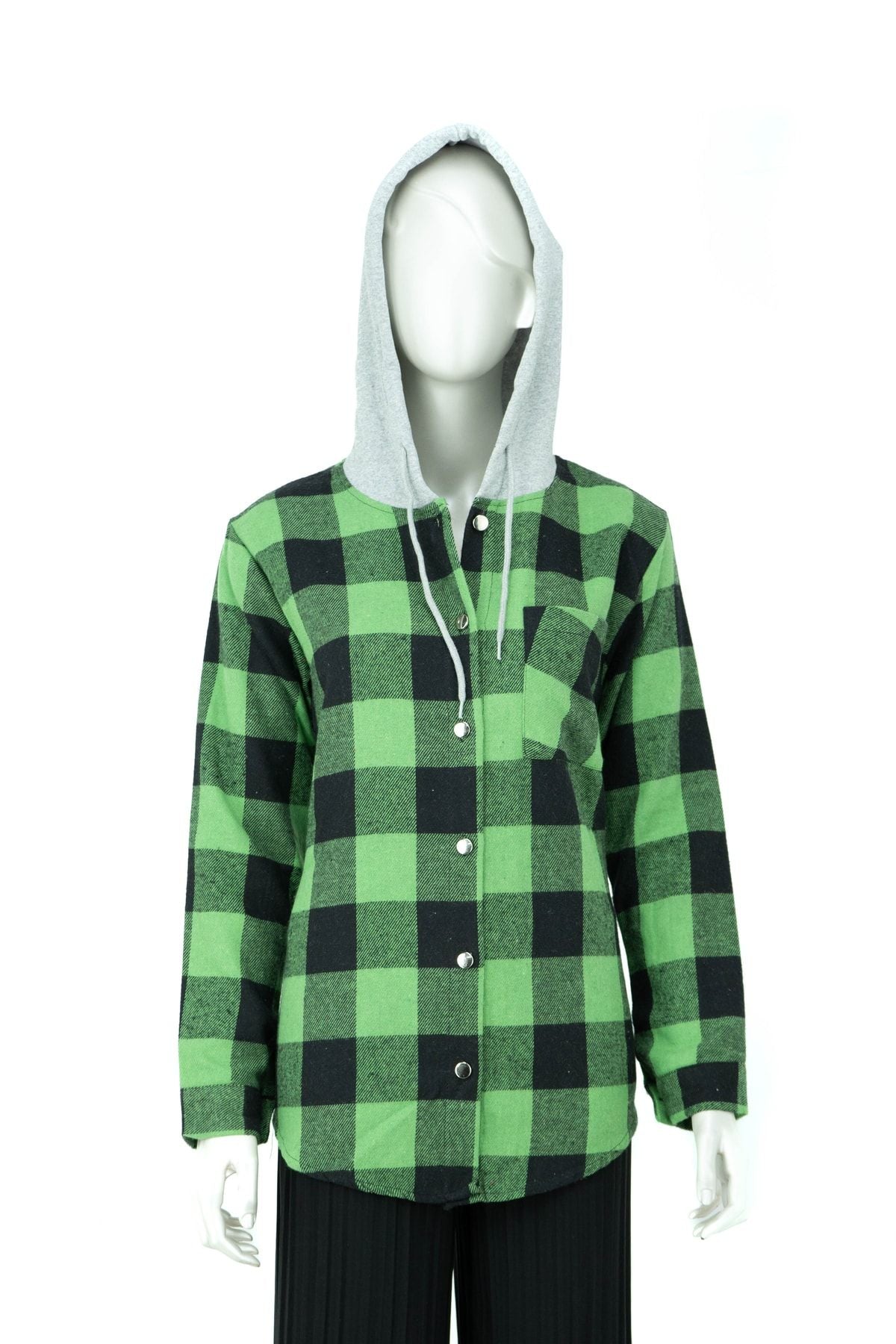 Kadın Ekose Desenli Önü Düğmeli Cepli Kapüşonlu Uzun Kollu Pamuklu Şardonlu Oduncu Gömleği