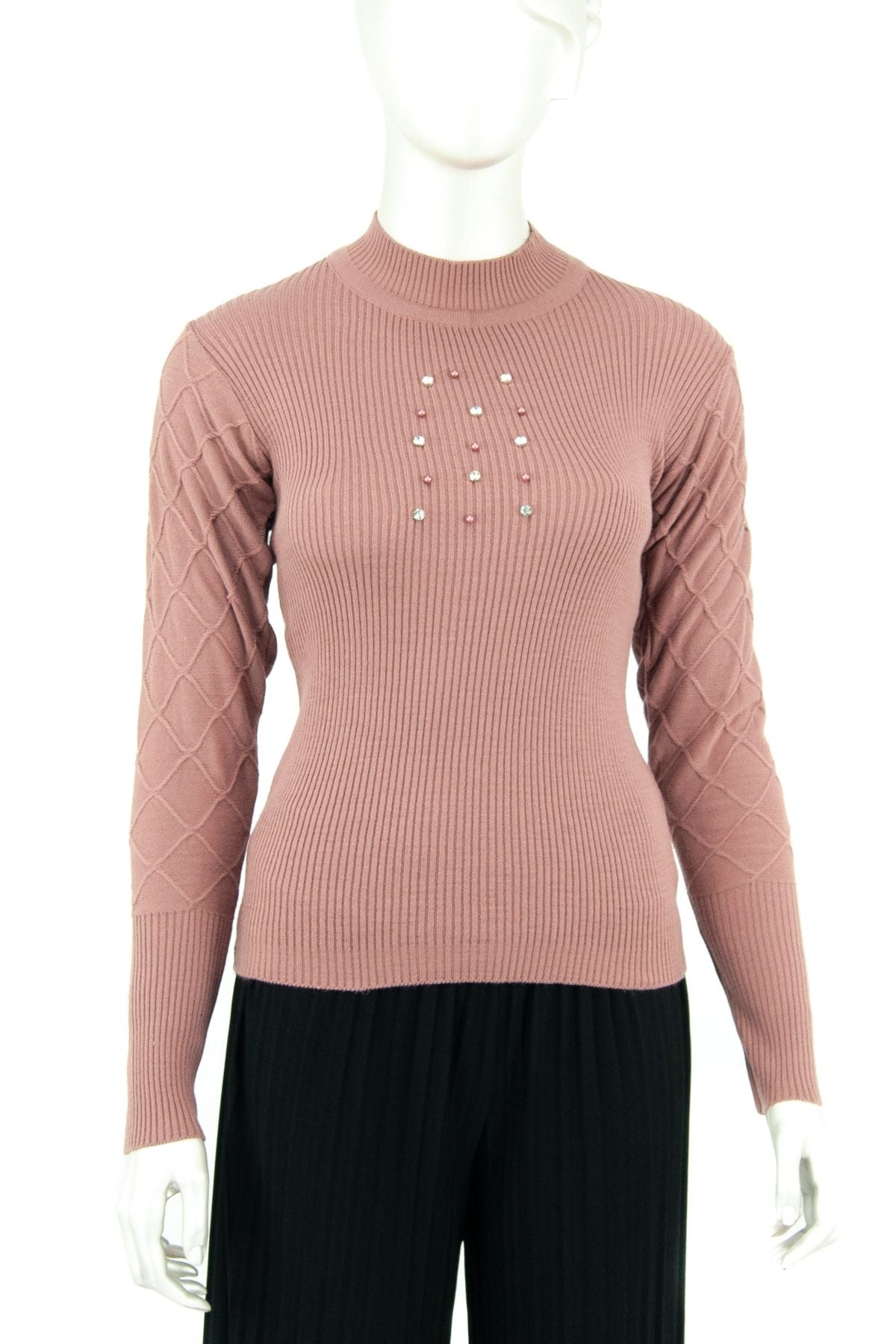 Kadın Kışlık Şık Boncuk Ve Taş Motifli Uzunkol Bedene Oturan Likralı Yünlü Dokuma Badi Kazak