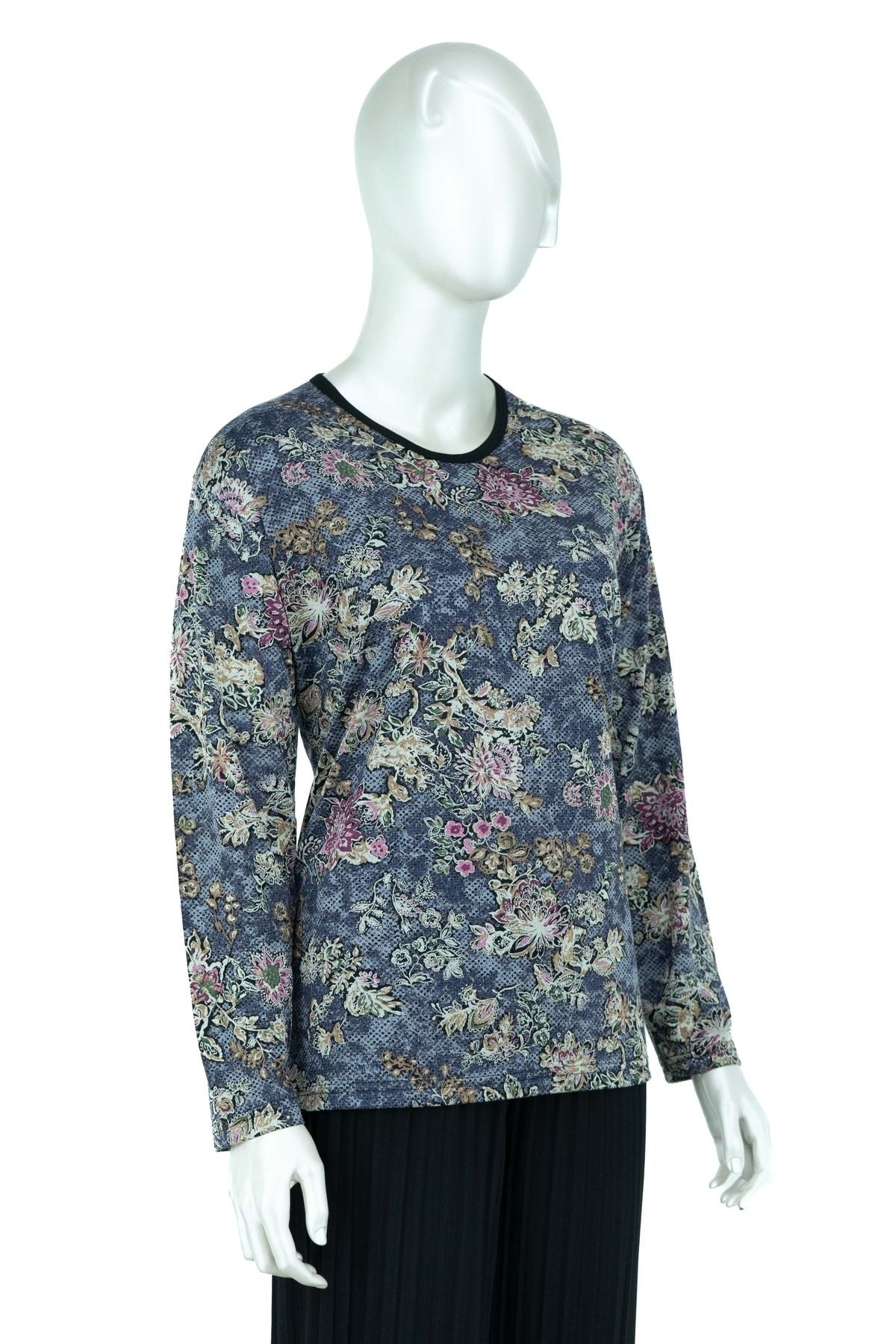 Kadın Şık Demet Desenli Hafif V Yaka Tam Kalıp Likralı Turlu Viskon Penye Kumaş Anne Bluz