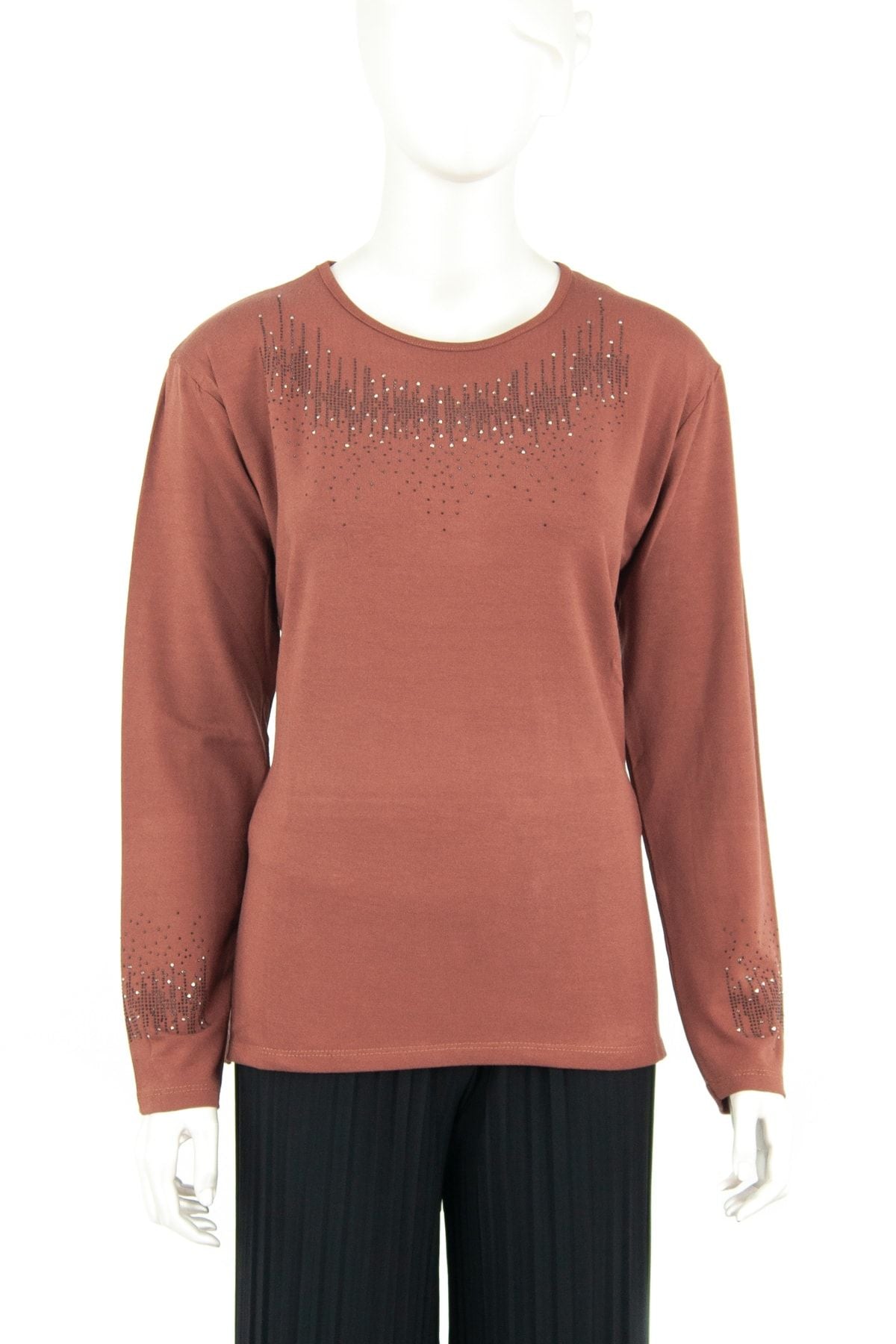 Kadın Damla Taşlı Ve Desenli Uzun Kollu Yuvarlak Yaka Likralı Nergiz Kumaş Anne Ince Kazak