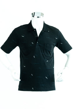 Erkek Siyah Polo Yaka T-shirt Cepli Kısa Kollu Kalem Tüyü Desenli Rahat Kesim Premium Pamuklu Kumaş