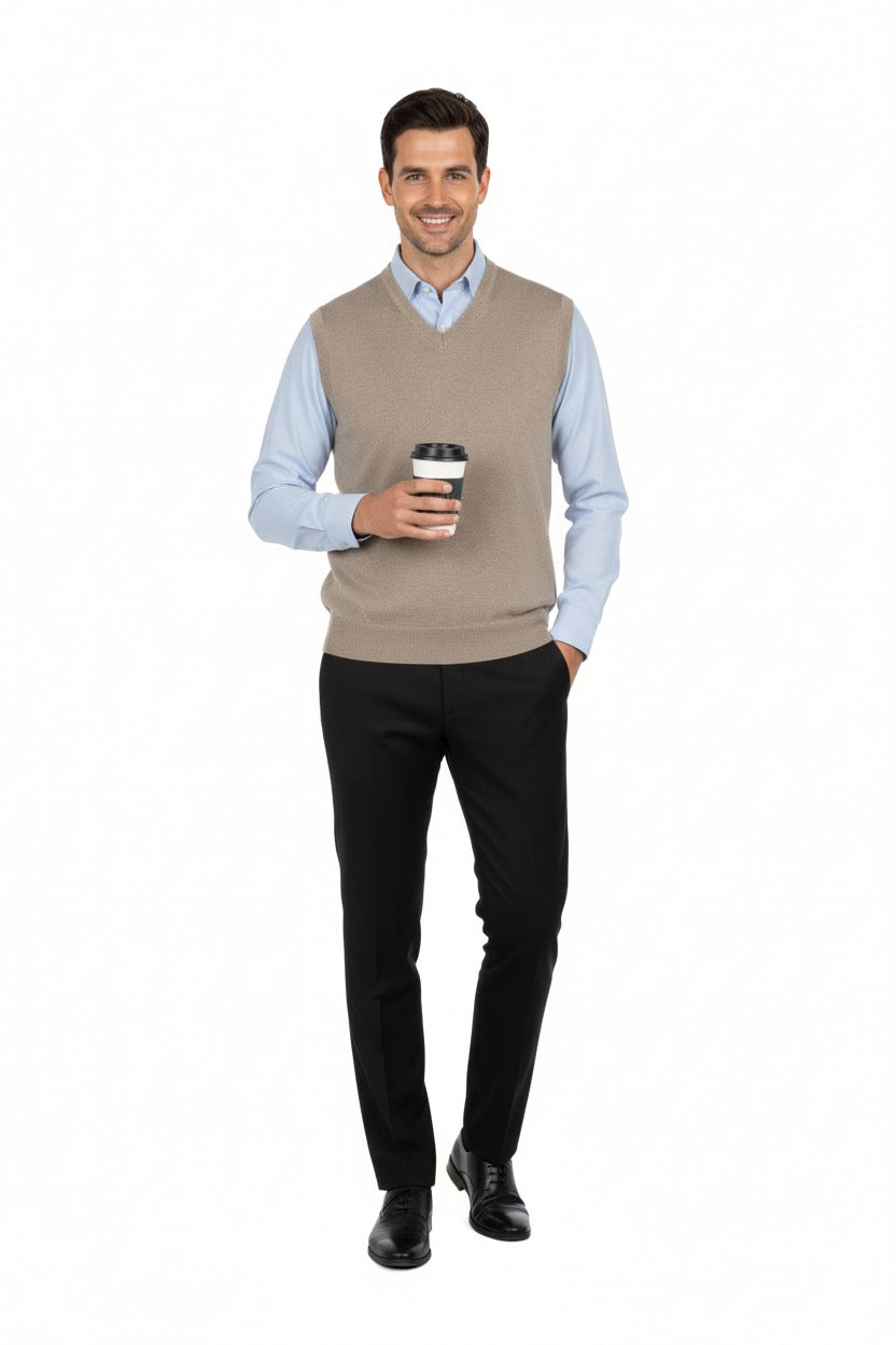 Erkek V Yakalı Düz Renk Klasik Model Rahat Kesim Tam Kalıp Ince Yünlü Dokuma Süveter