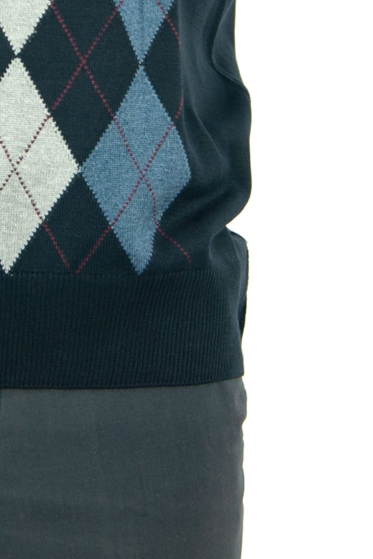 Erkek Lacivert Baba Süveteri Baklava Desenli Rahat Kesim V Yakalı Ince Yün Dokuma