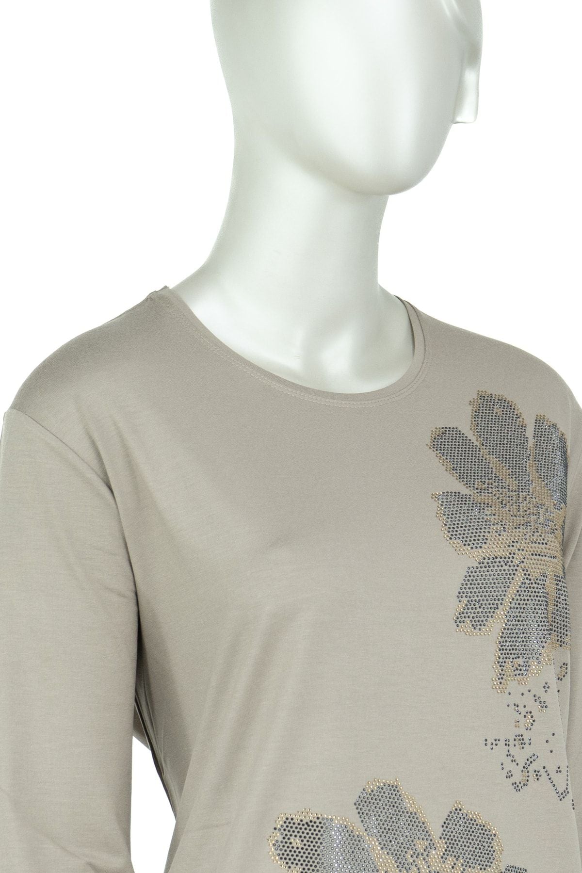 Kadın Papatya Taşlı Yuvarlak Yaka Uzun Kollu Tam Kalıp Likralı Viskon Penye Kumaş Anne Bluz