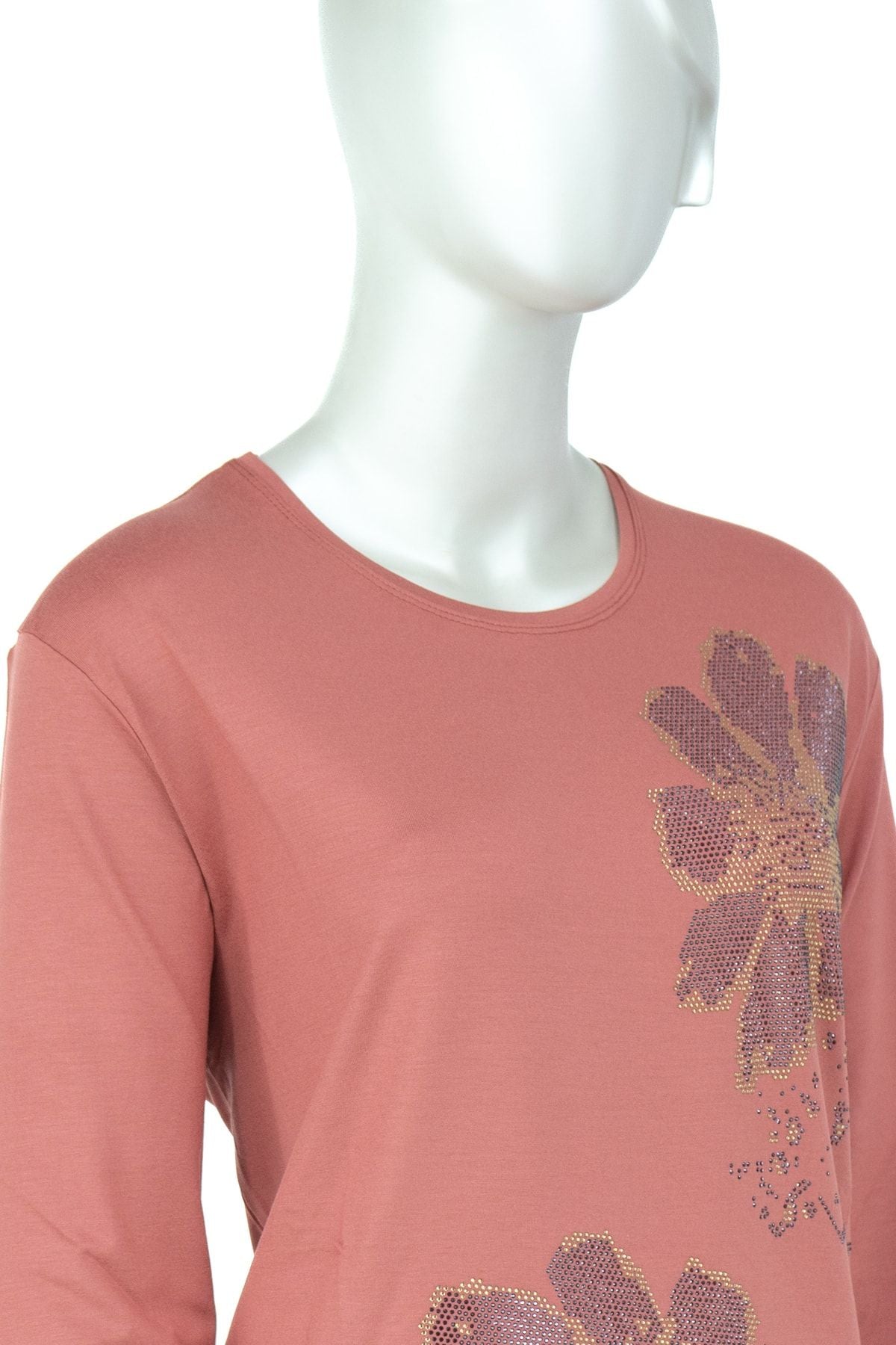 Kadın Papatya Taşlı Yuvarlak Yaka Uzun Kollu Tam Kalıp Likralı Viskon Penye Kumaş Anne Bluz