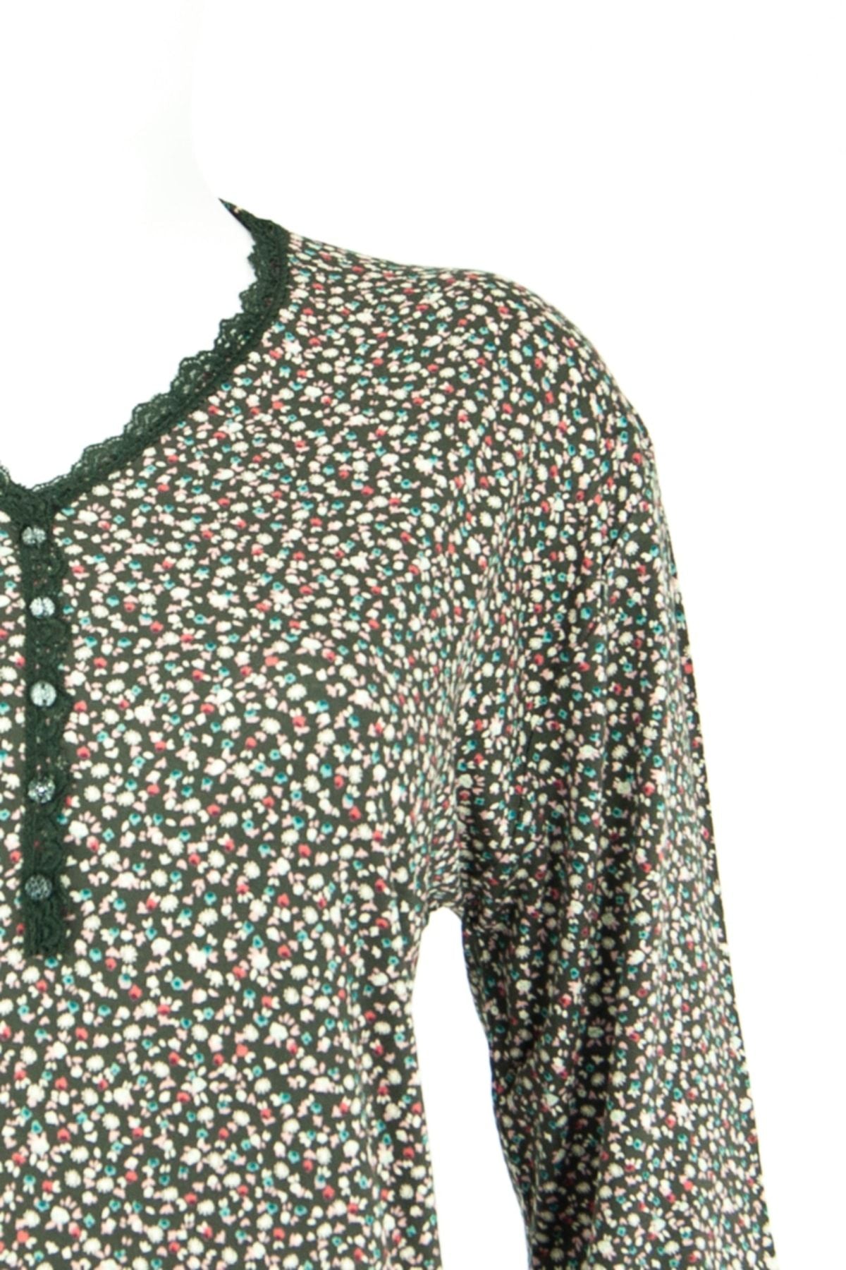 Kadın Düğme Süslü Vyaka Normal Kesim Desenli Likralı Uzun Kollu Viskon Penye Kumaş Anne Bluz