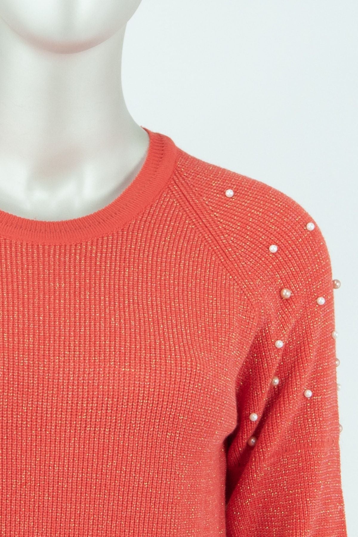 Kadın Kışlık Boncuk Modelli Yuvarlak Yaka Likralı Simli Pamuklu Dokuma Triko Kazak