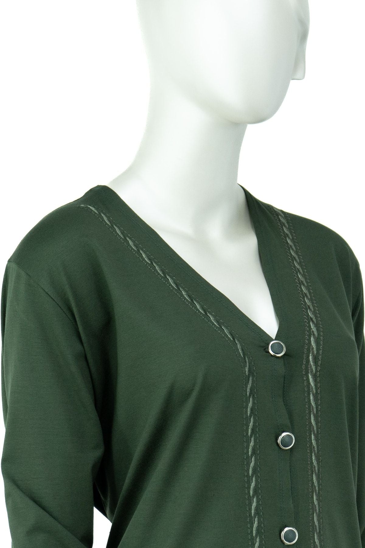 Kadın Düğmeli Ve Çift Cepli Şık Örgü Detaylı V Yaka Turlu Viskon Penye Kumaş Anne Hırka