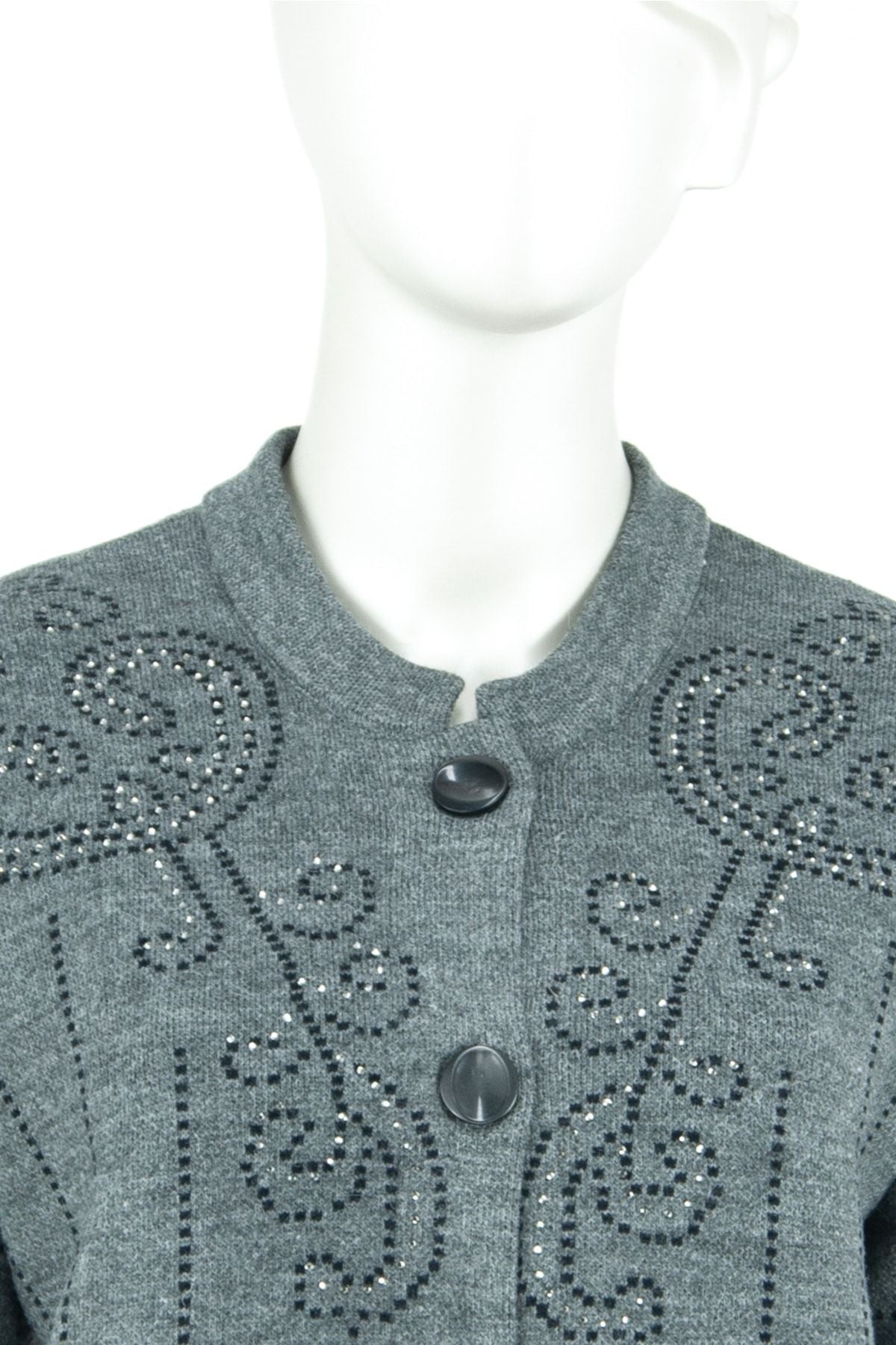 Kadın Kışlık Düğmeli Şık Taşlı Modelli Çift Cepli Likralı Yuvarlak Yaka Dokuma Anne Hırka