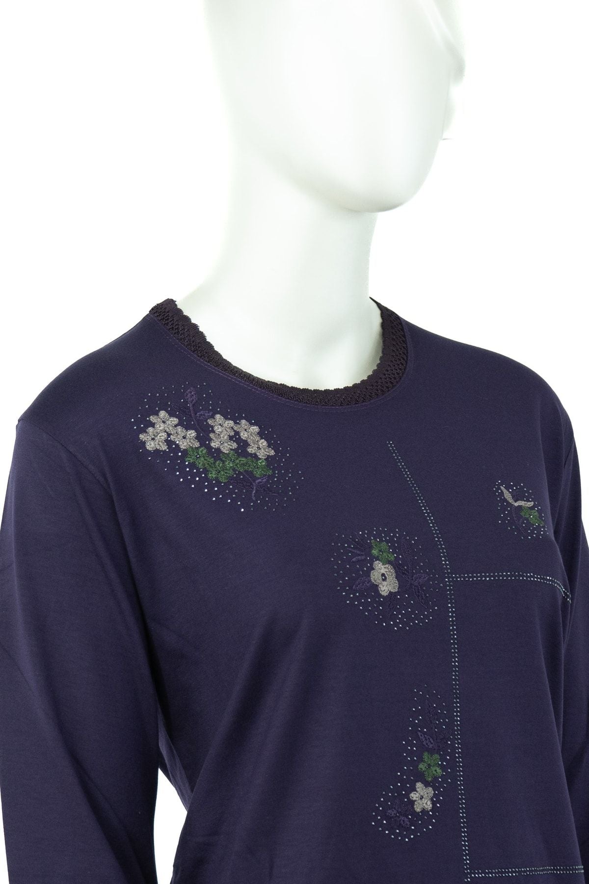 Kadın Şık Nakış Işlemeli Ve Taşlı Tam Kalıp Likralı Premium Viskon Penye Kumaş Anne Bluz