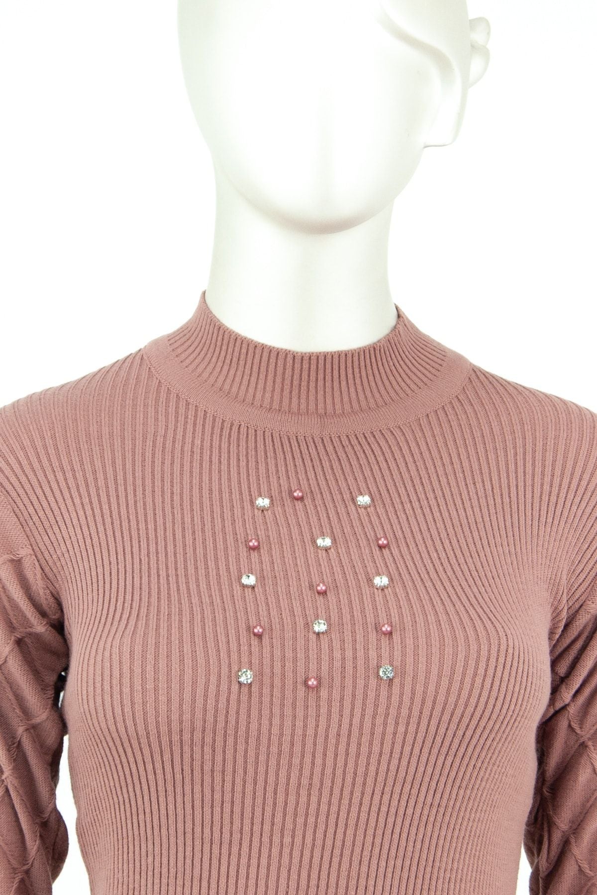 Kadın Kışlık Şık Boncuk Ve Taş Motifli Uzunkol Bedene Oturan Likralı Yünlü Dokuma Badi Kazak