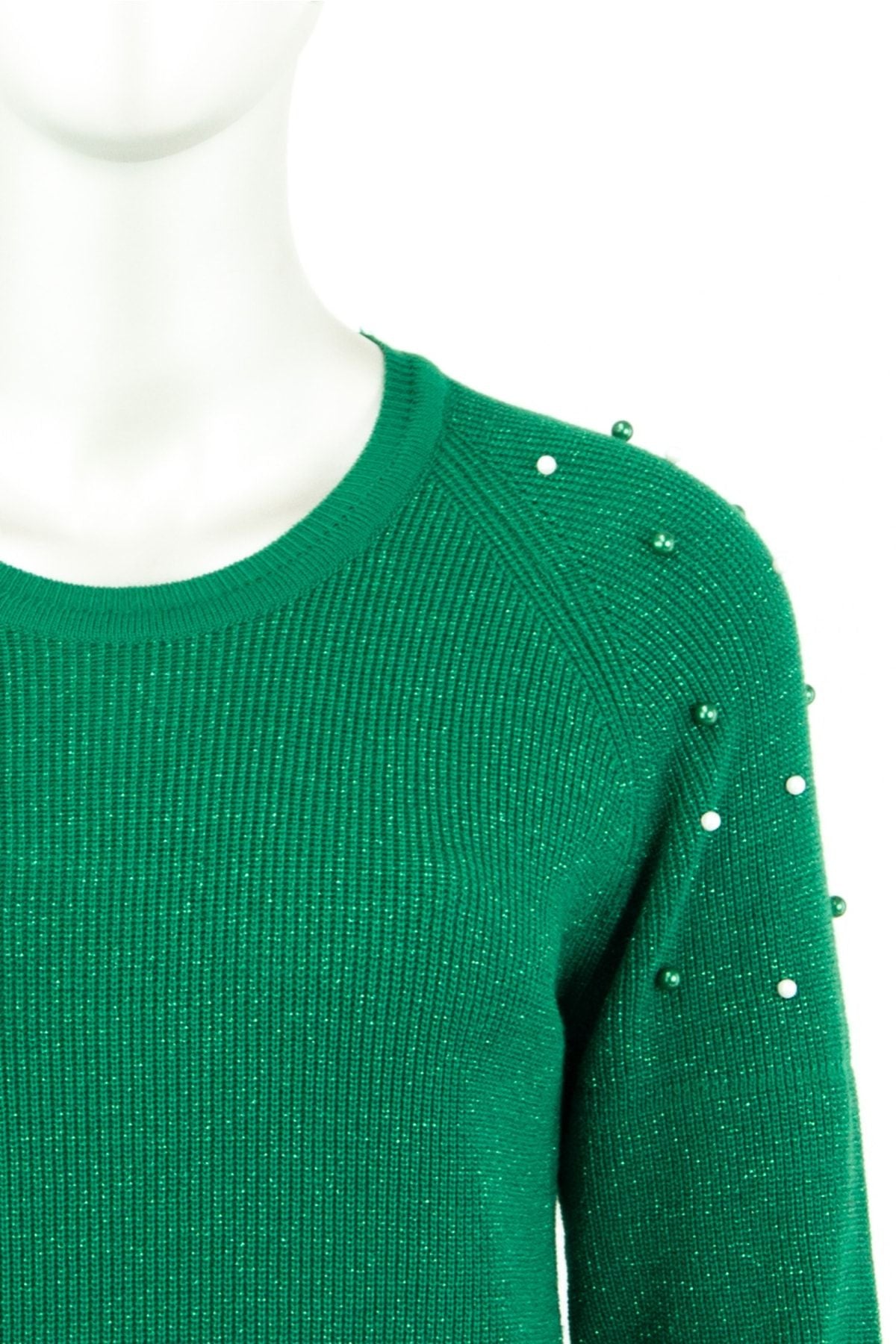 Kadın Kışlık Boncuk Modelli Yuvarlak Yaka Likralı Simli Pamuklu Dokuma Triko Kazak