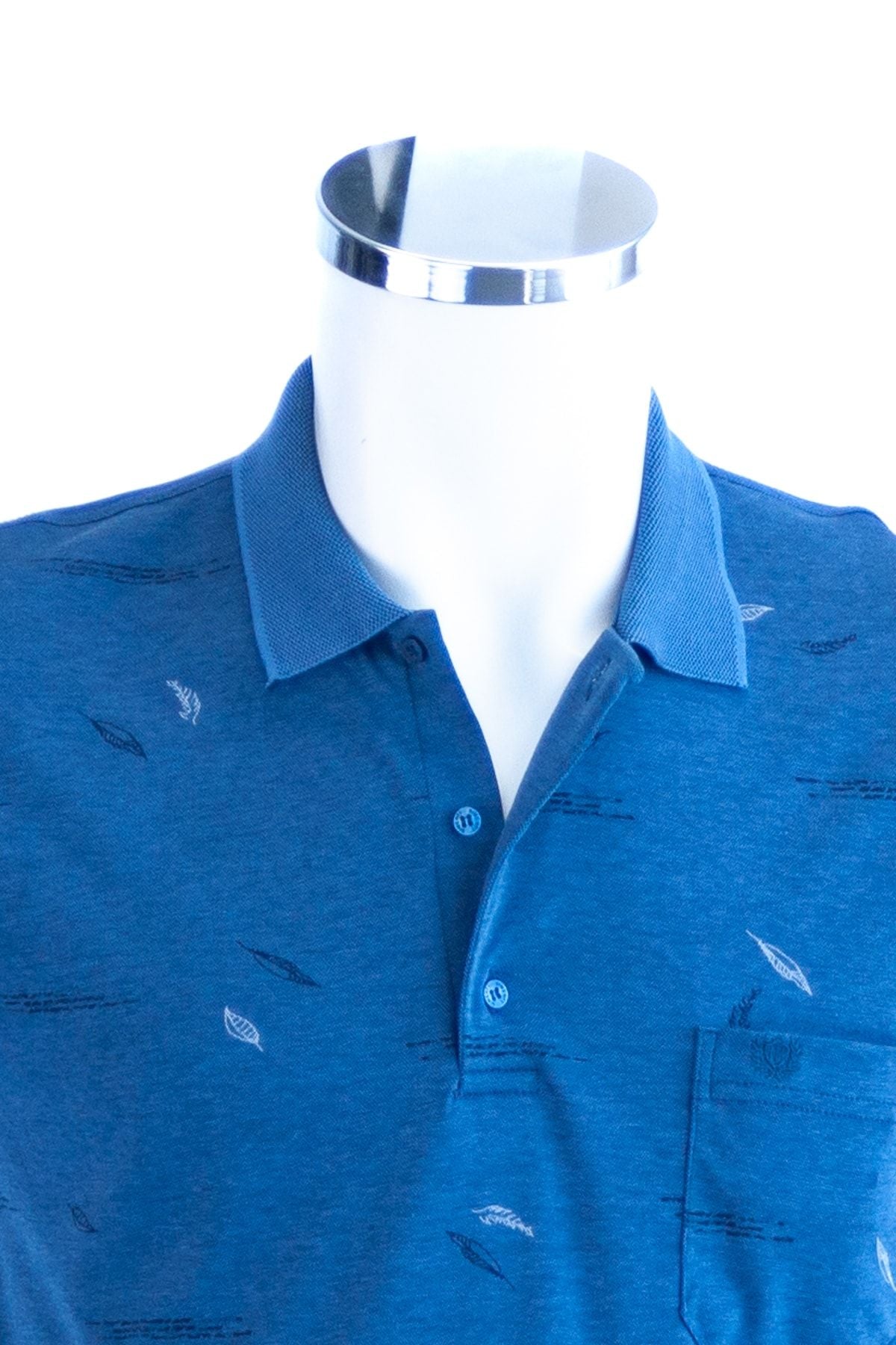 Erkek Mavi Polo Yaka T-shirt Cepli Kısa Kollu Kalem Tüyü Desenli Premium Pamuklu Kumaş