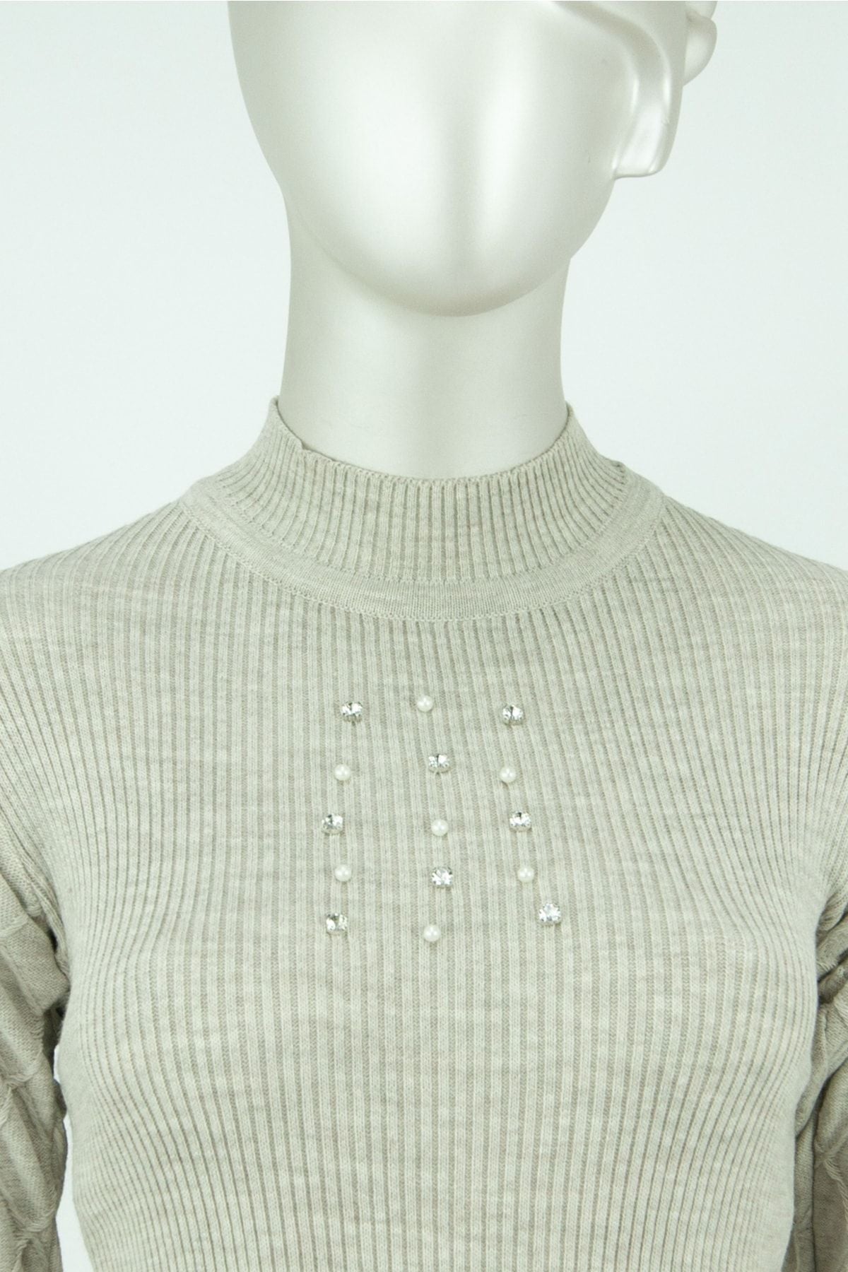 Kadın Kışlık Şık Boncuk Ve Taş Motifli Uzunkol Bedene Oturan Likralı Yünlü Dokuma Badi Kazak