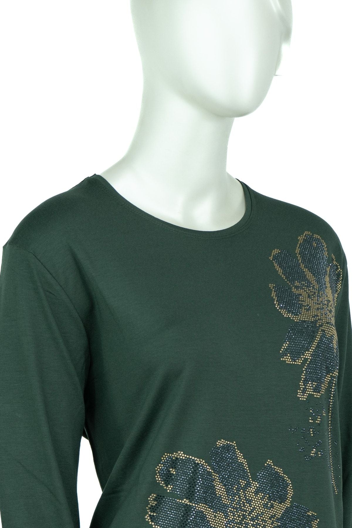 Kadın Papatya Taşlı Yuvarlak Yaka Uzun Kollu Tam Kalıp Likralı Viskon Penye Kumaş Anne Bluz