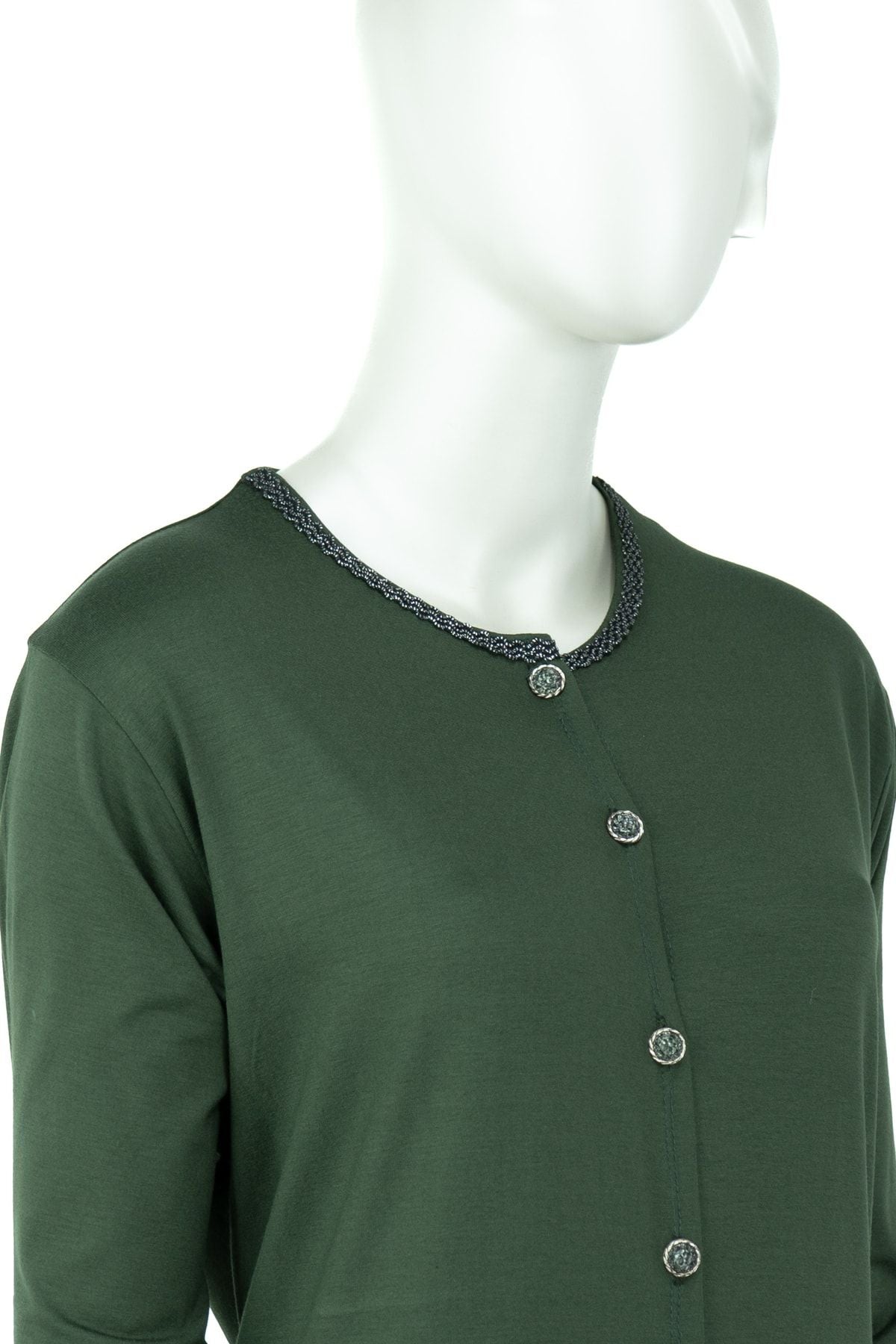 Kadın Önü Düğmeli Cepli Rahat Likralı Yuvarlak Yaka Turlu Viskon Penye Kumaş Uzun Anne Hırka