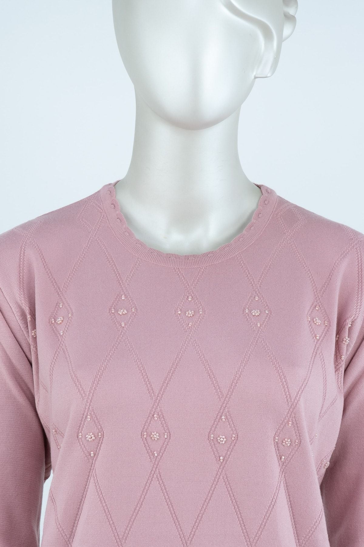 Kadın Kışlık Şirin Minik Taşlı Kendinden Desenli Uzun Kollu Likralı Dokuma Anne Kazak