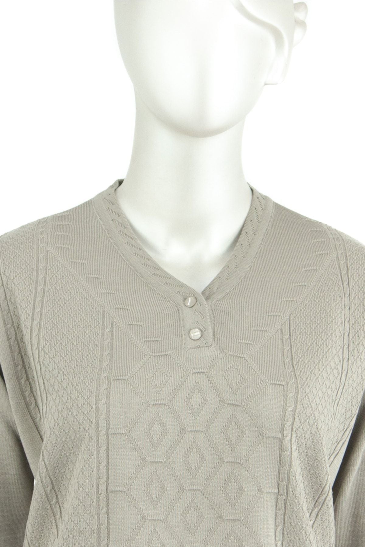 Kadın Kışlık Zümrüt Motifli Düğmeli Armut Yakalı Likralı Pamuklu Triko Dokuma Anne Kazak