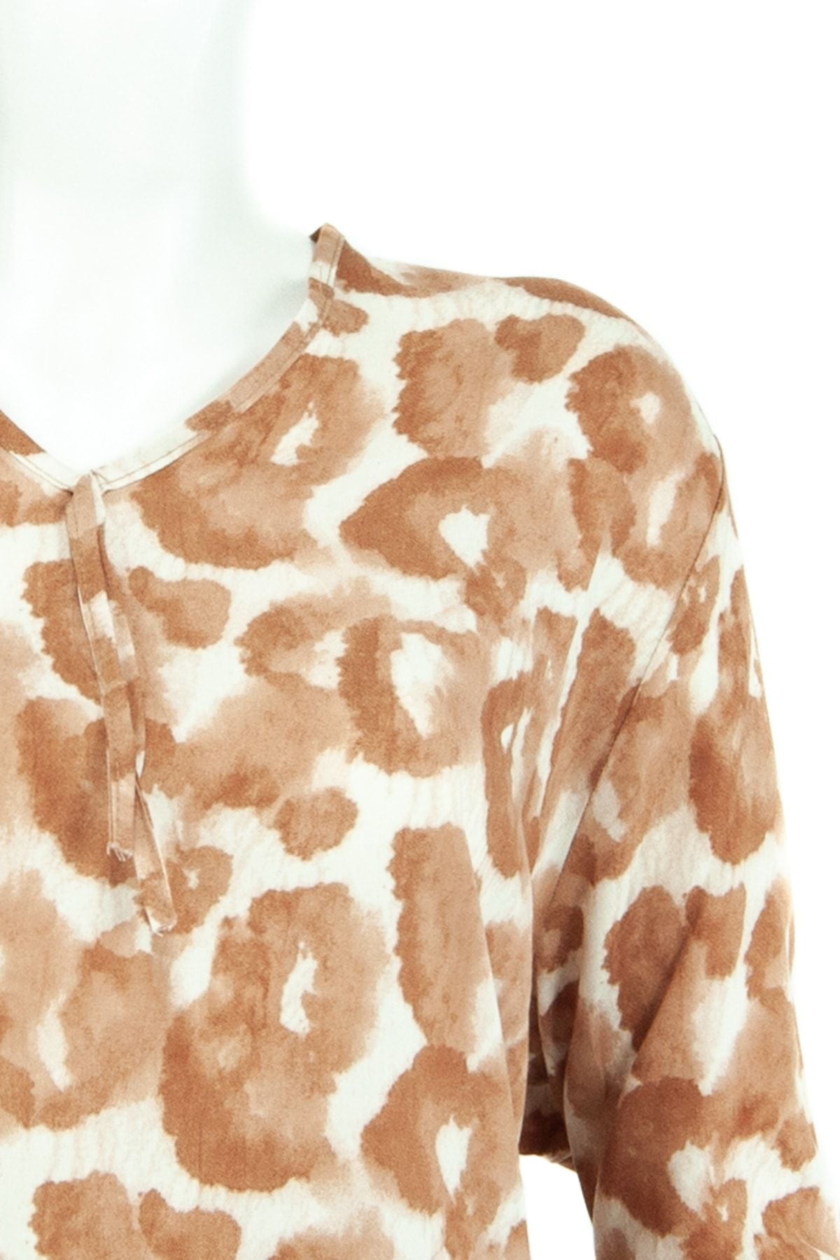 Kadın V Yaka Uzun Kol Şık Pastel Desenli Rahat Kesim Likrasız Viskon Kumaş Anne Bluz