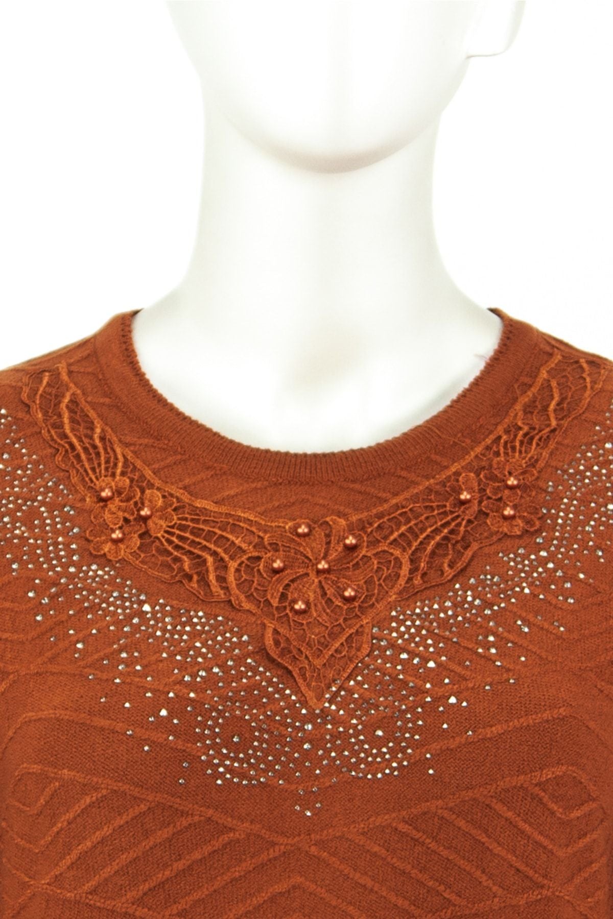 Kadın Kışlık Buket Motifli Boncuklu Ve Taşlı Dar Kesim Kardelen Dokuma Genç Anne Triko Kazak