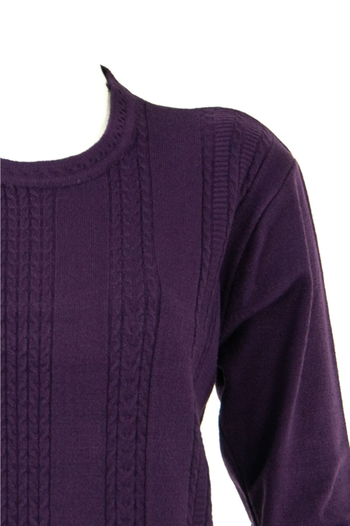 Kadın Mor Kışlık Normal Kesim Likralı Pamuklu Kardelen Dokuma Kazak