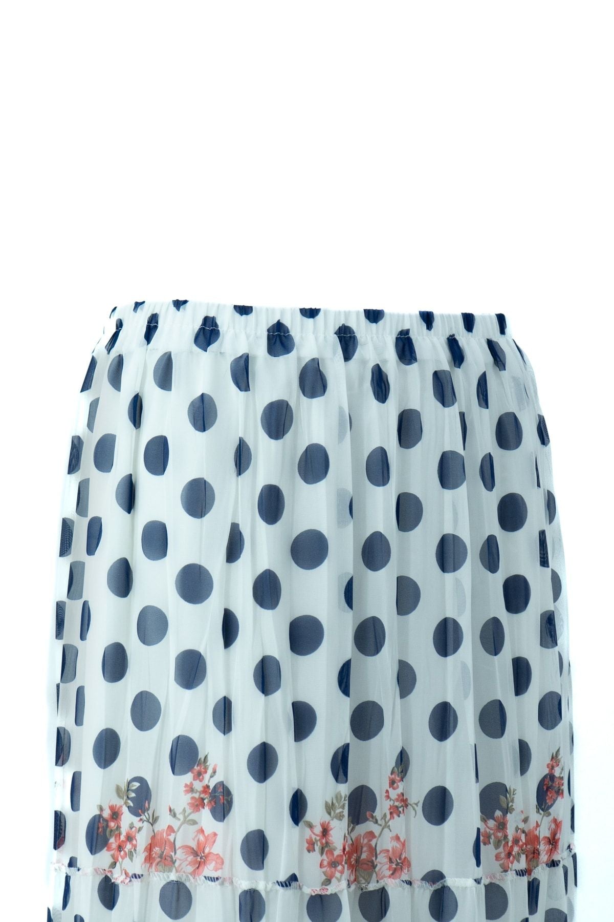 Kadın Bahar Puantiyesi Desenli Rahat Kesim Astarlı Likralı Üç Parçalı Premium Şifon Etek