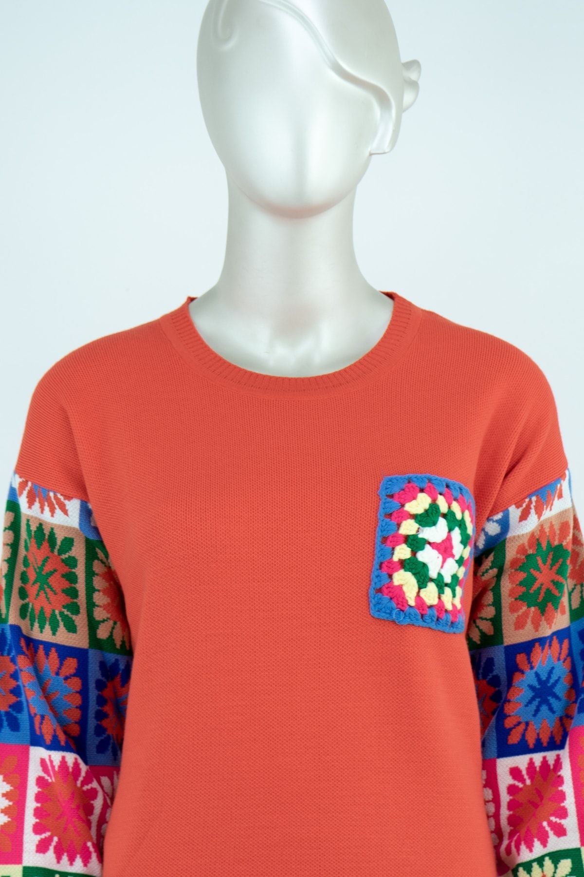 Kadın Kışlık Etnik Motifli Yuvarlak Yakalı Uzun Kollu Likralı Dokuma Triko Yeni Moda Tunik