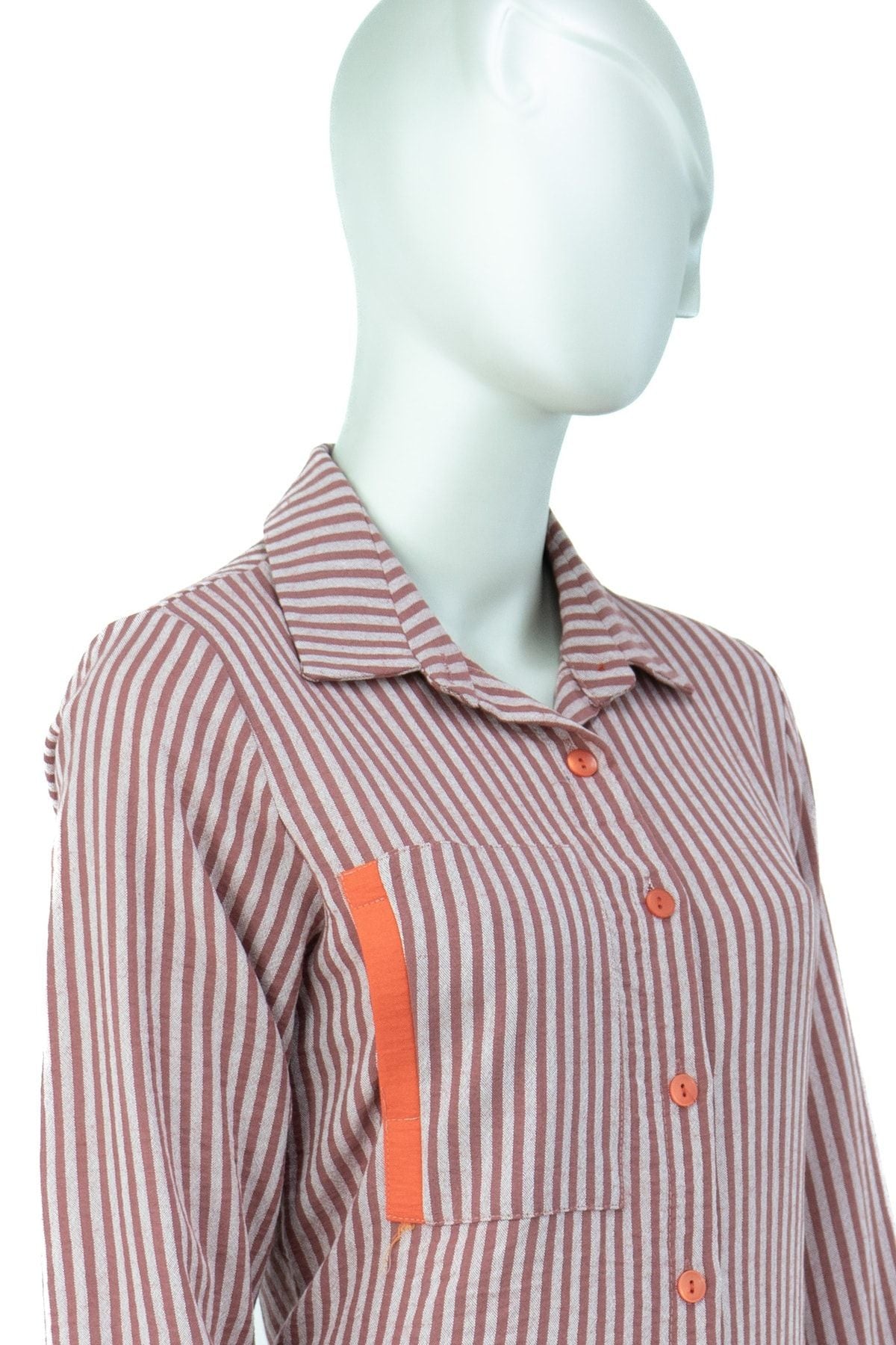 Kadın Çizgi Desenli Uzun Kollu Önü Düğmeli Rahat TamKalıp Premium Pamuklu Kumaş Gömlek Tunik