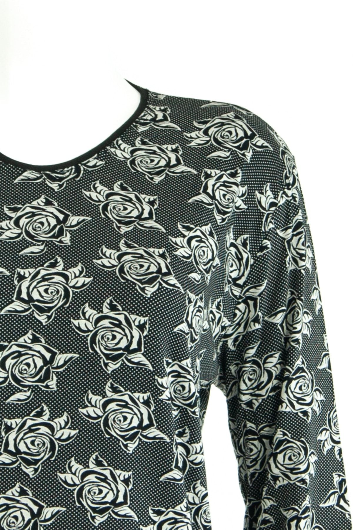 Kadın Gülnur Desenli Uzun Kollu Hafif V Yaka Likralı Viskon Penye Kumaş Anne Bluz