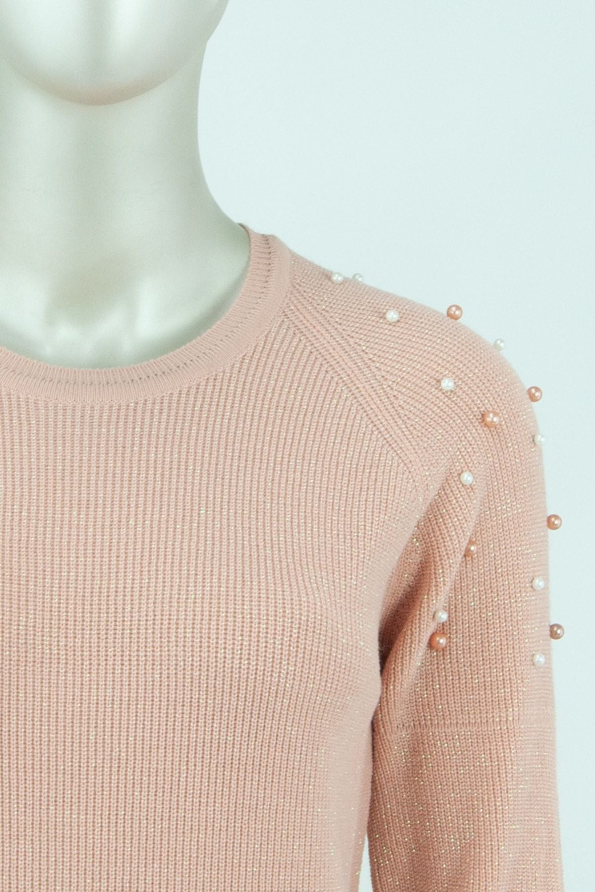 Kadın Kışlık Boncuk Modelli Yuvarlak Yaka Likralı Simli Pamuklu Dokuma Triko Kazak