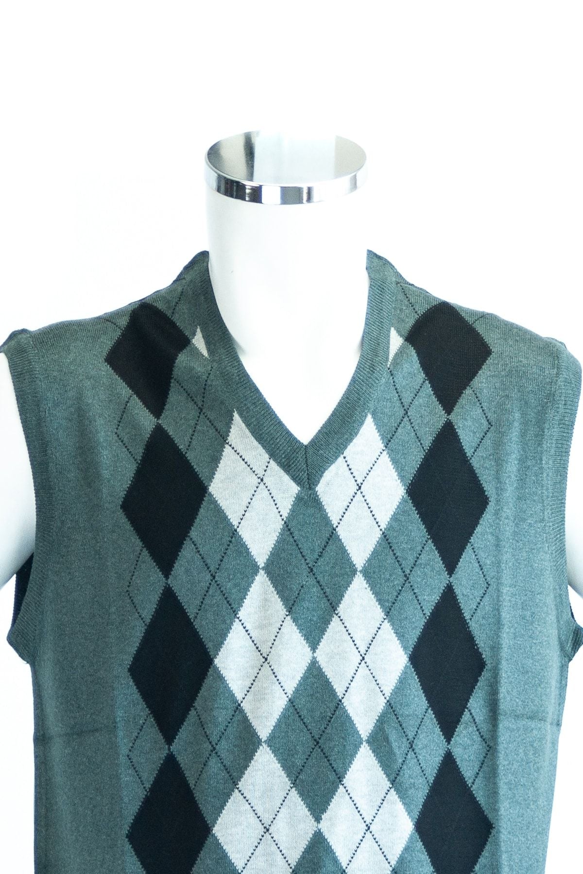 Erkek Yeşil Baba Süveteri Baklava Desenli Rahat Kesim V Yakalı Ince Yün Dokuma